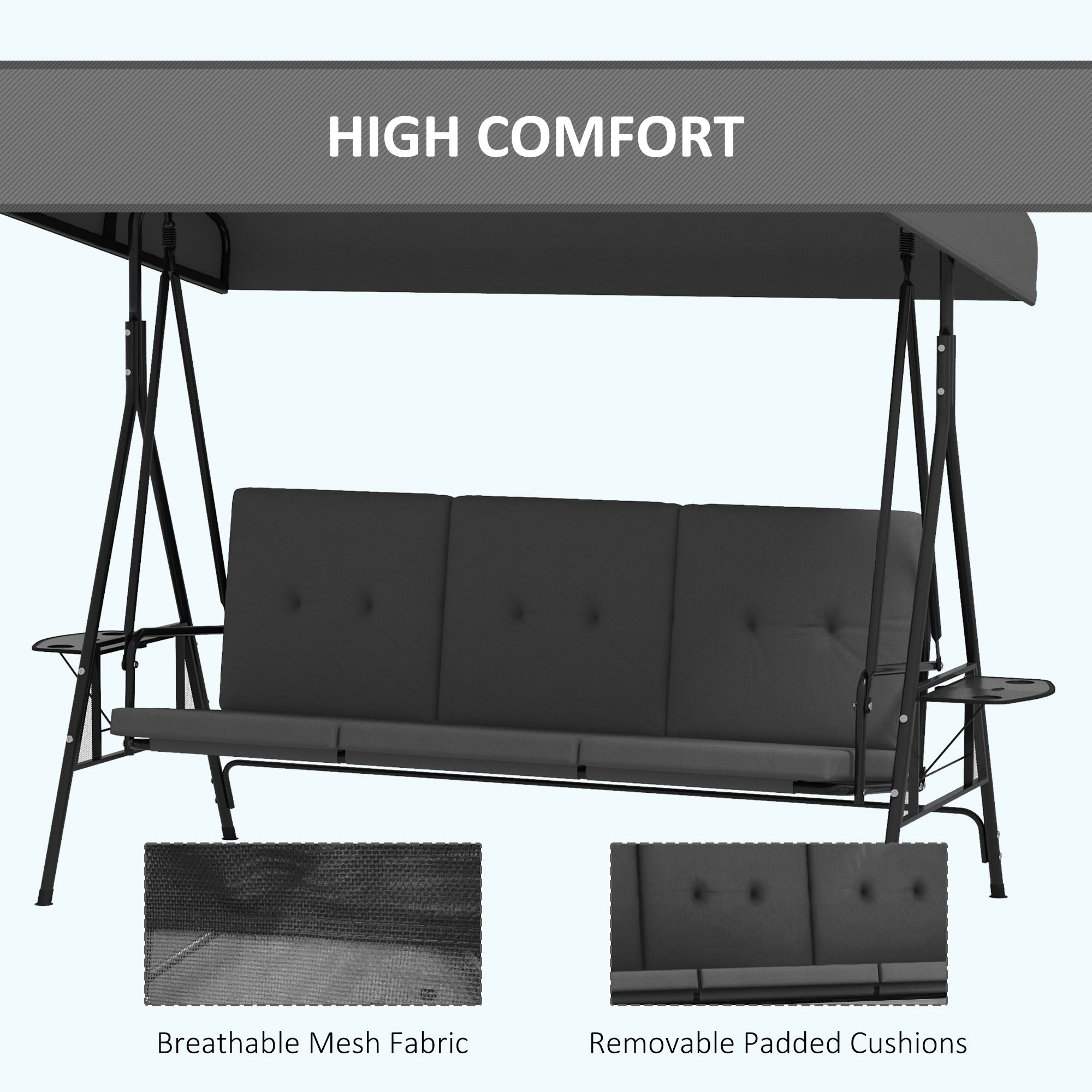 3-Seat Outdoor Porch Swing Patio Swing with Adjustable Canopy, Side Tray, Removable Cushion for Garden, Poolside, Grey