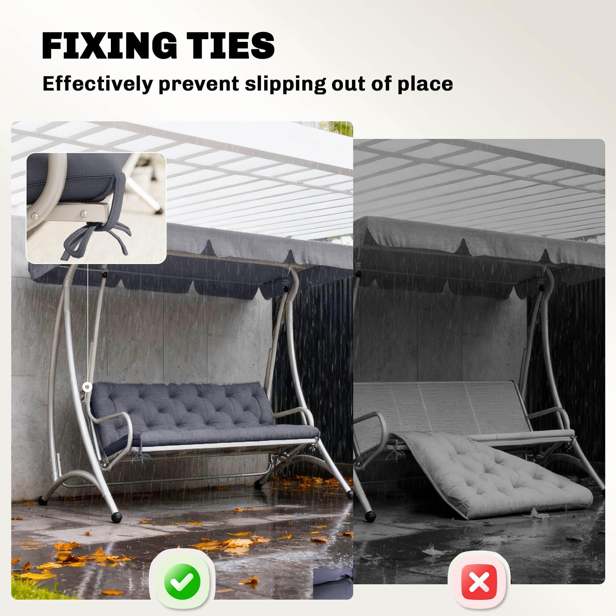 3 Seater Outdoor Seat Pads Bench Swing Chair Replacement Cushions Backrest for Patio Garden, Dark Grey
