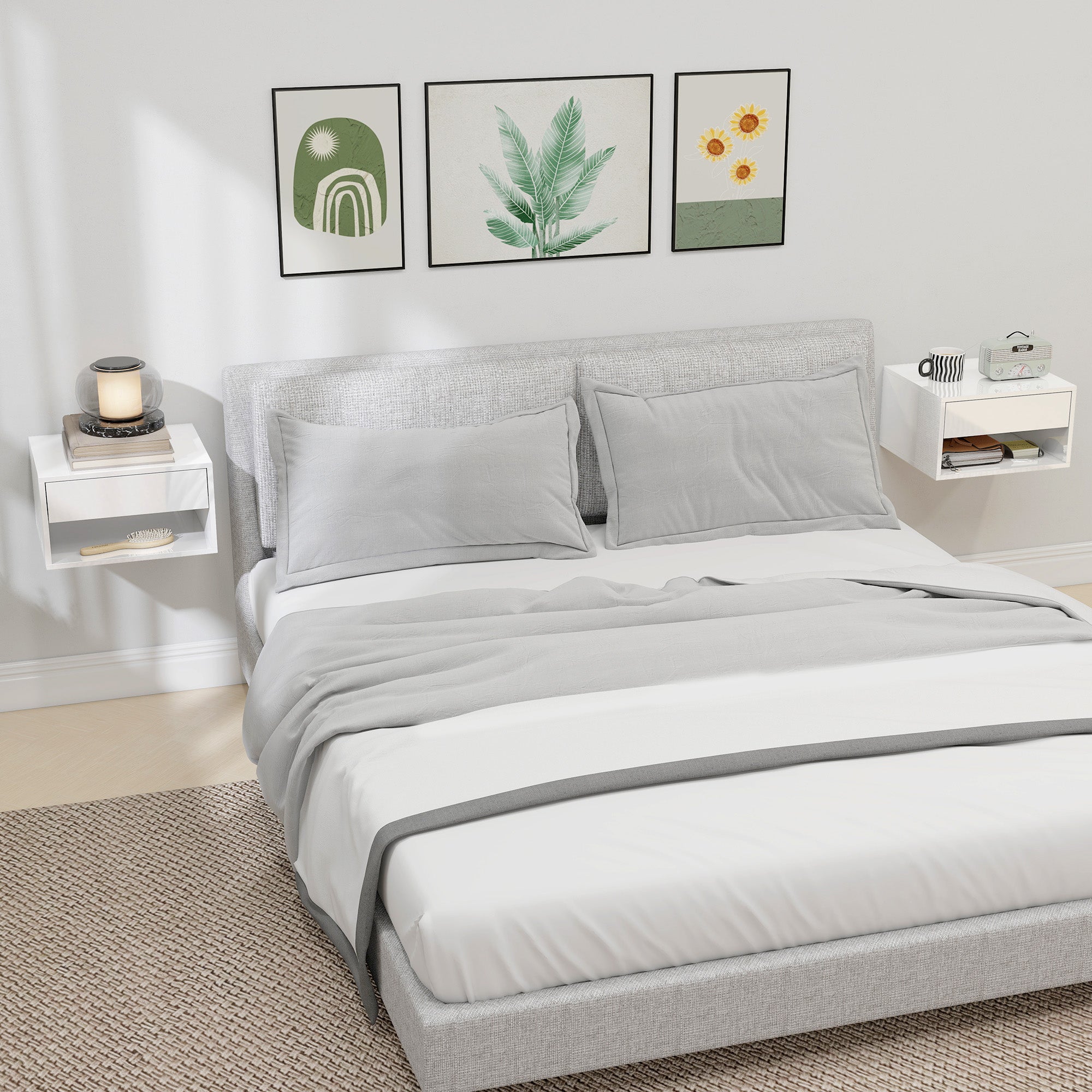 Floating Bedside Tables Set of 2, Wall-Mounted Nightstand, High Gloss White