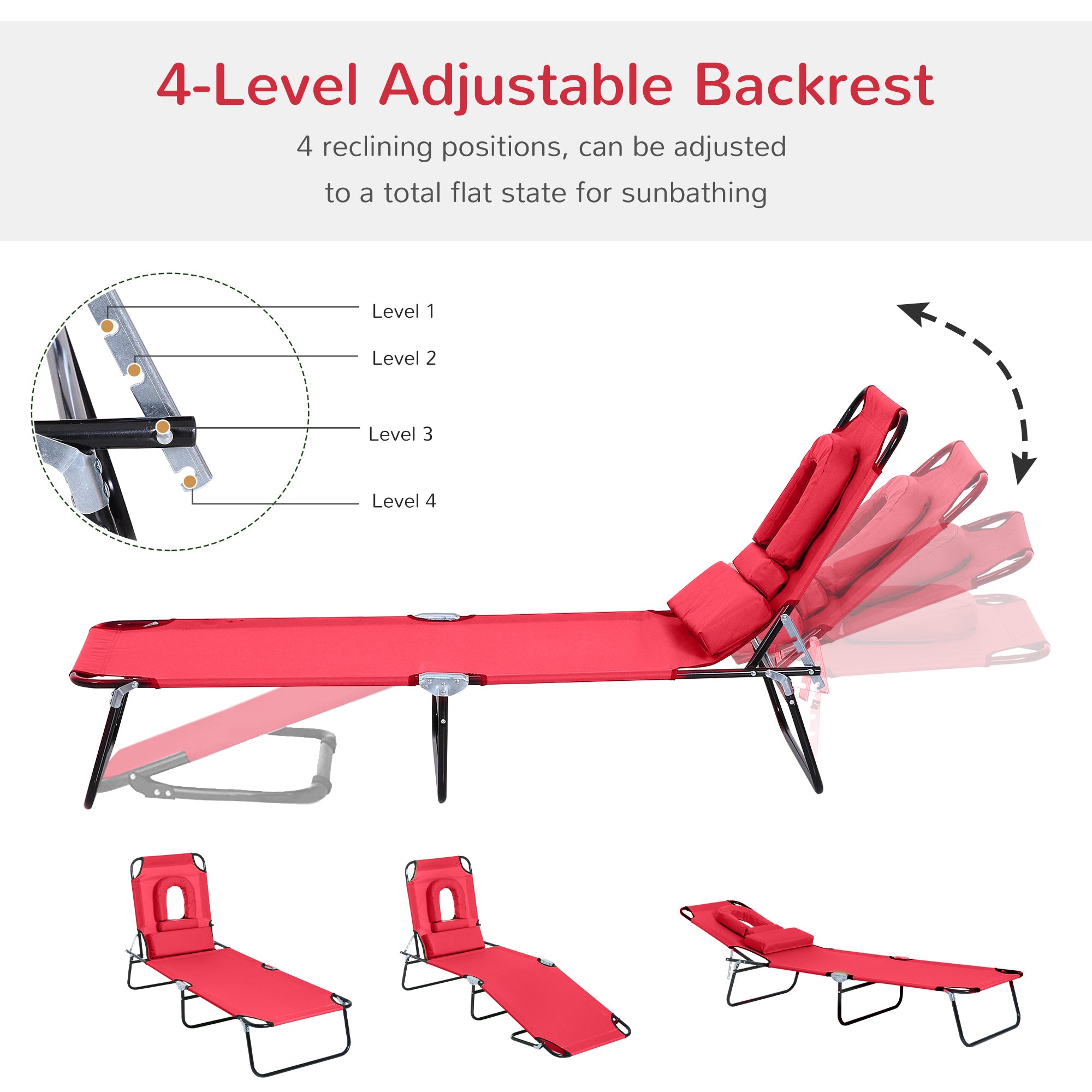 Folding Chaise Lounge Chair, Reclining Beach Tanning Chair with Face Hole, Pillow, 4-Position Adjustable Lay Flat Sun Lounger, Steel Frame for Outdoor Patio Pool, Red