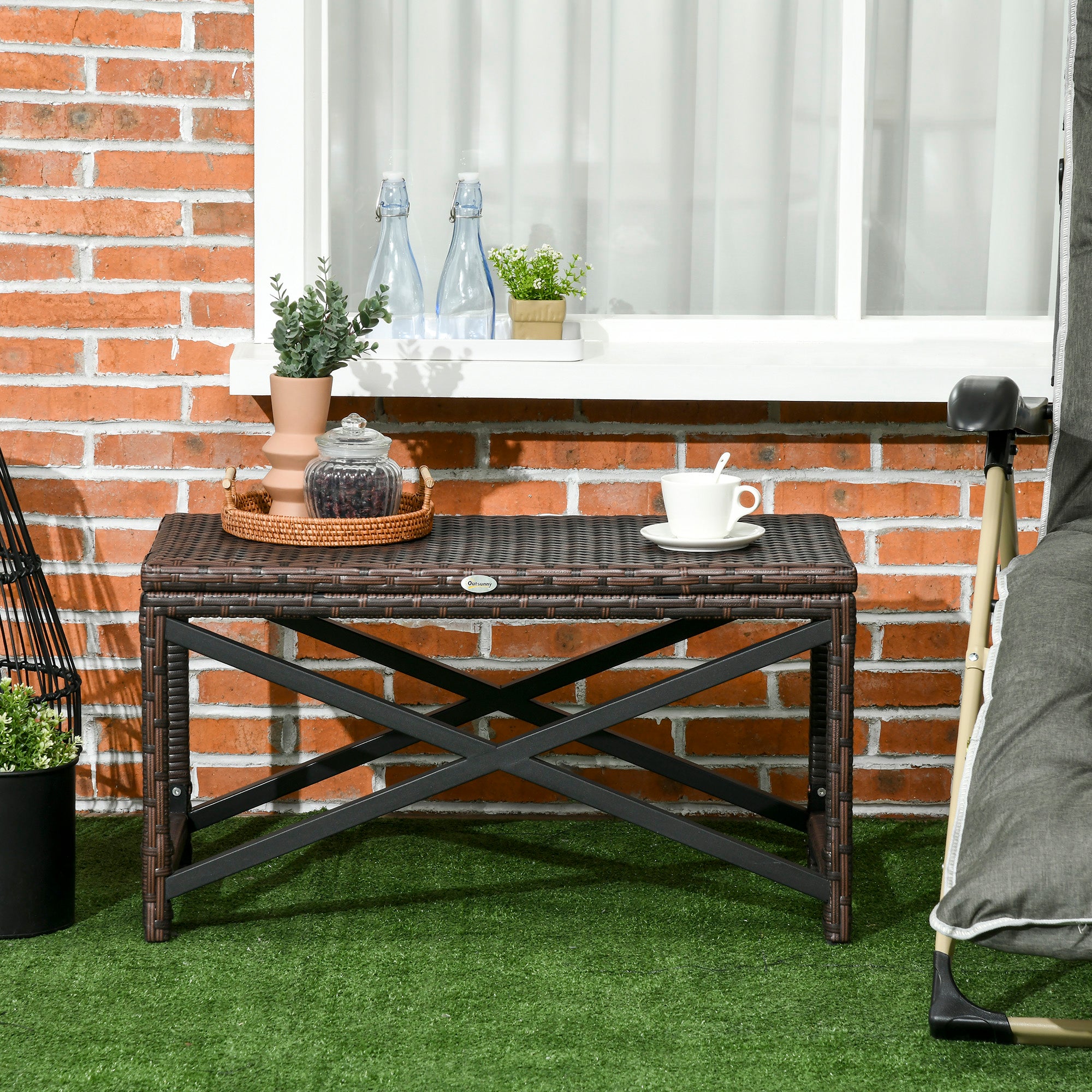 Patio Wicker End Table, Outdoor PE Rattan Side Table, with Plastic Board Under the Full Woven Table Top for Patio, Garden, Balcony, Mixed Brown