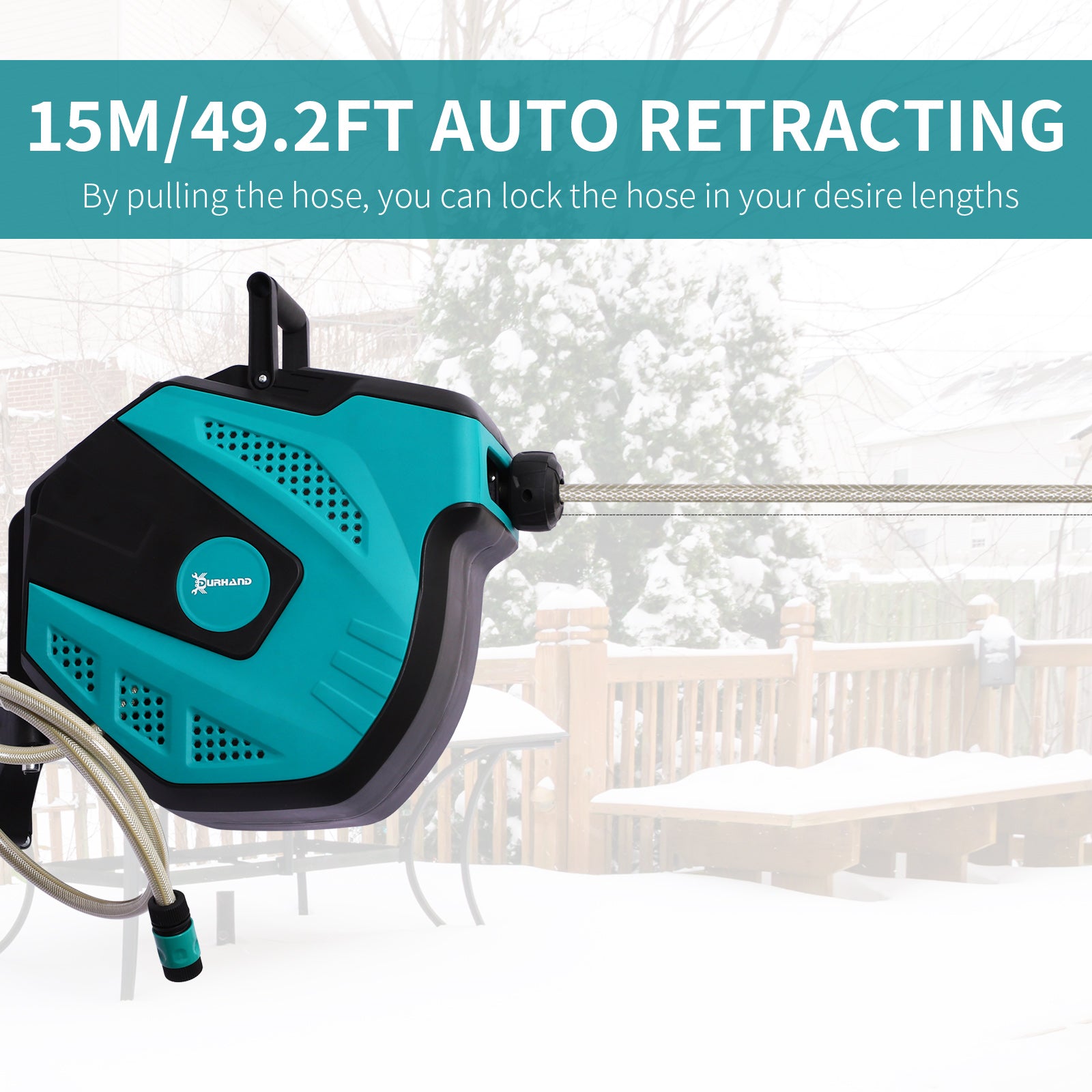 Retractable Garden Hose Reel 1/2" x 49 ft Wall Mounted with Automatic Rewind, 180Â° Swivel Bracket, Any Length Lock, 7 Pattern Hose Nozzle