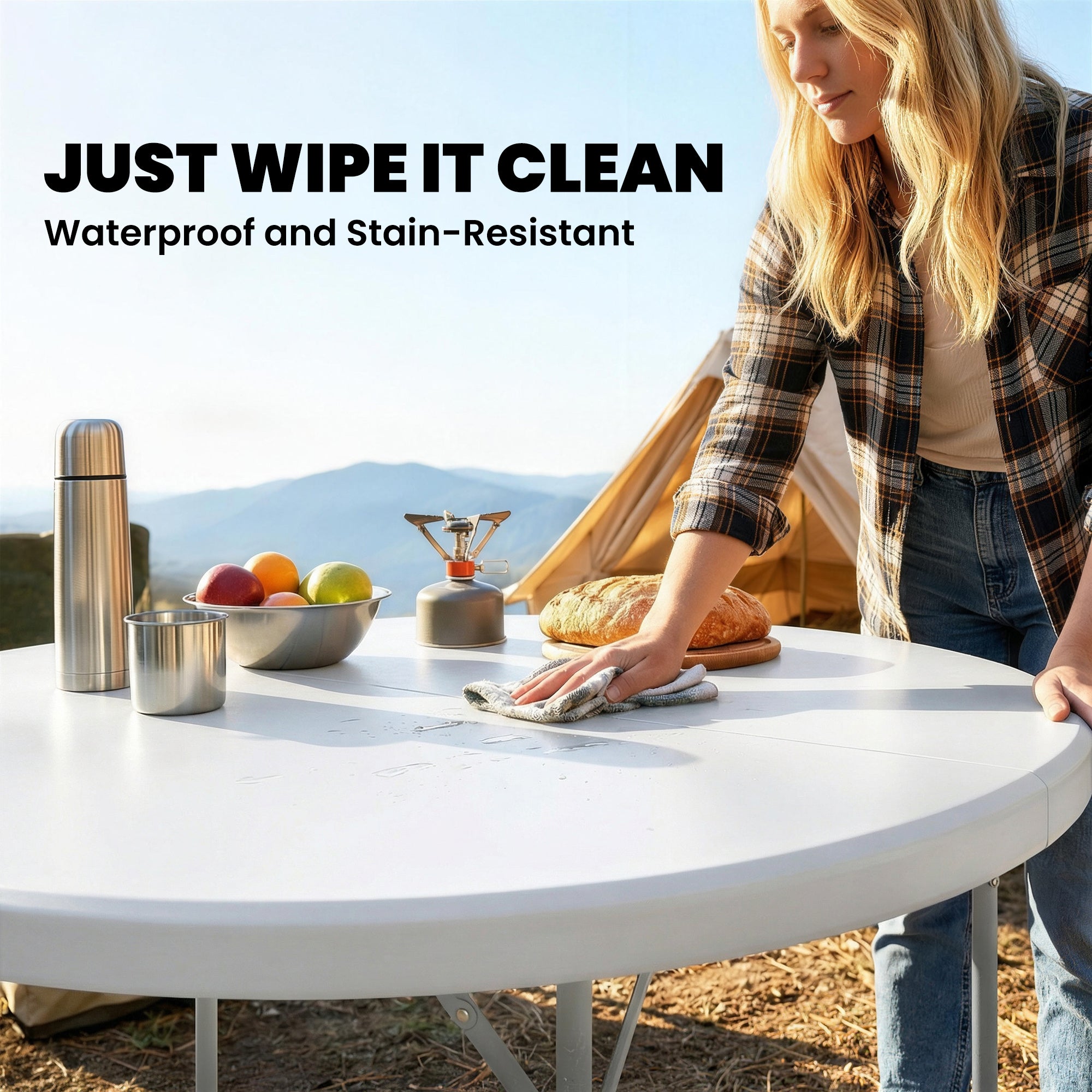 4ft Plastic Folding Picnic Table, Camping Table with Anti-Slip Foot Pads, Indoor Outdoor for Beach, BBQ, White