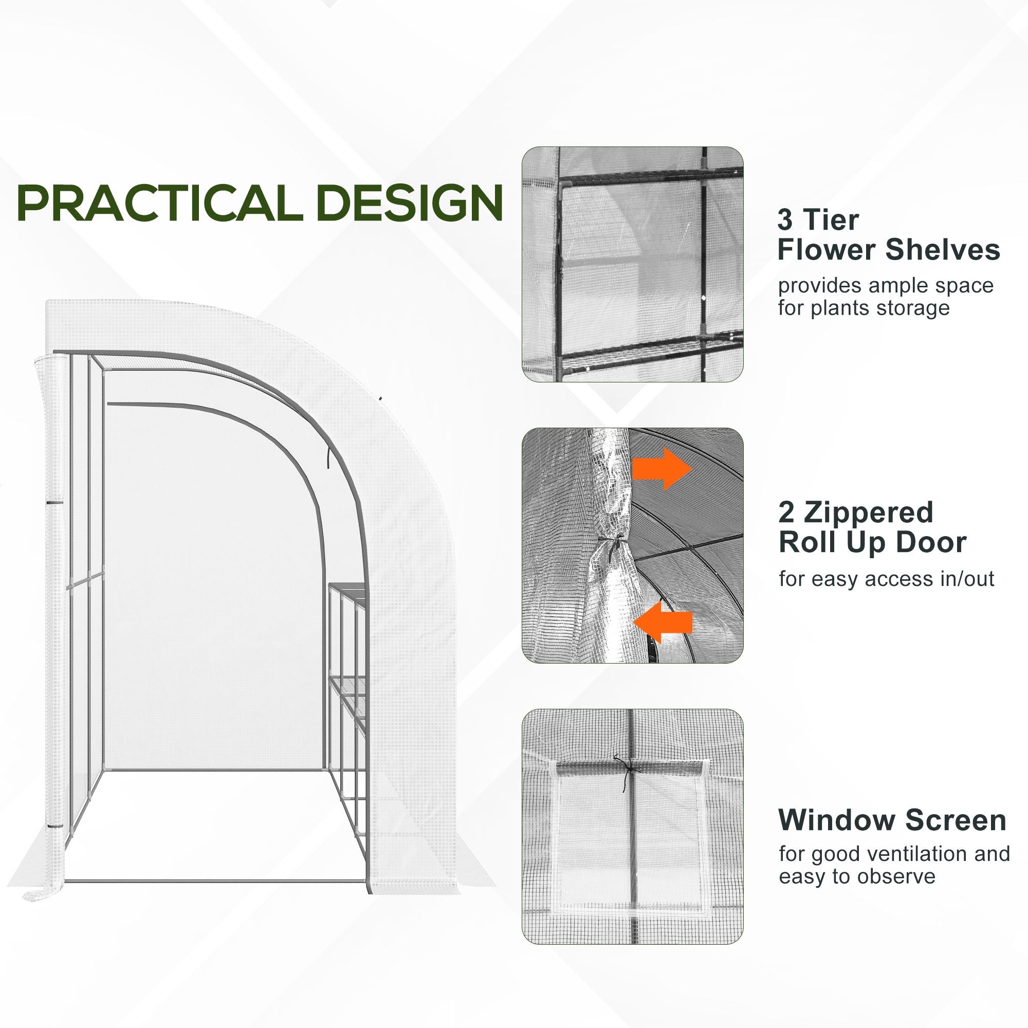 Lean-to Greenhouse Outdoor Gardening Green House with Windows and 2 Zipper Doors, 10' x 5' x 7', White