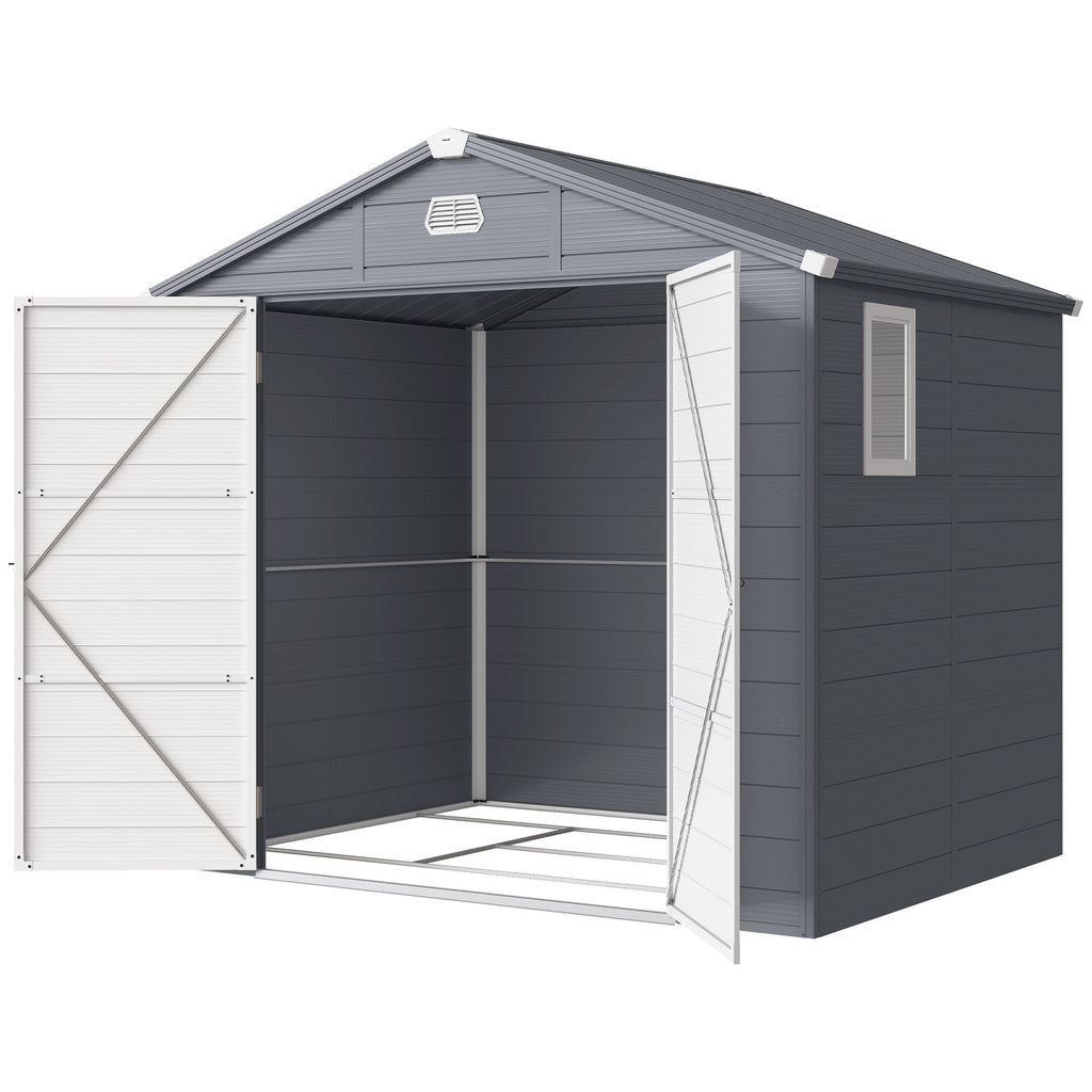 8' x 6' Plastic Garden Storage Shed with Latch Door, Vents, Sloped Roof, Dark Grey