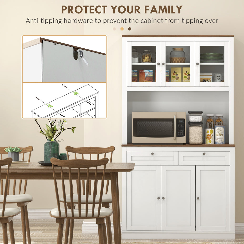 71" Pantry Cabinet with Microwave Space, Buffet with Hutch, 2 Drawers, Adjustable Shelves and Glass Doors, White