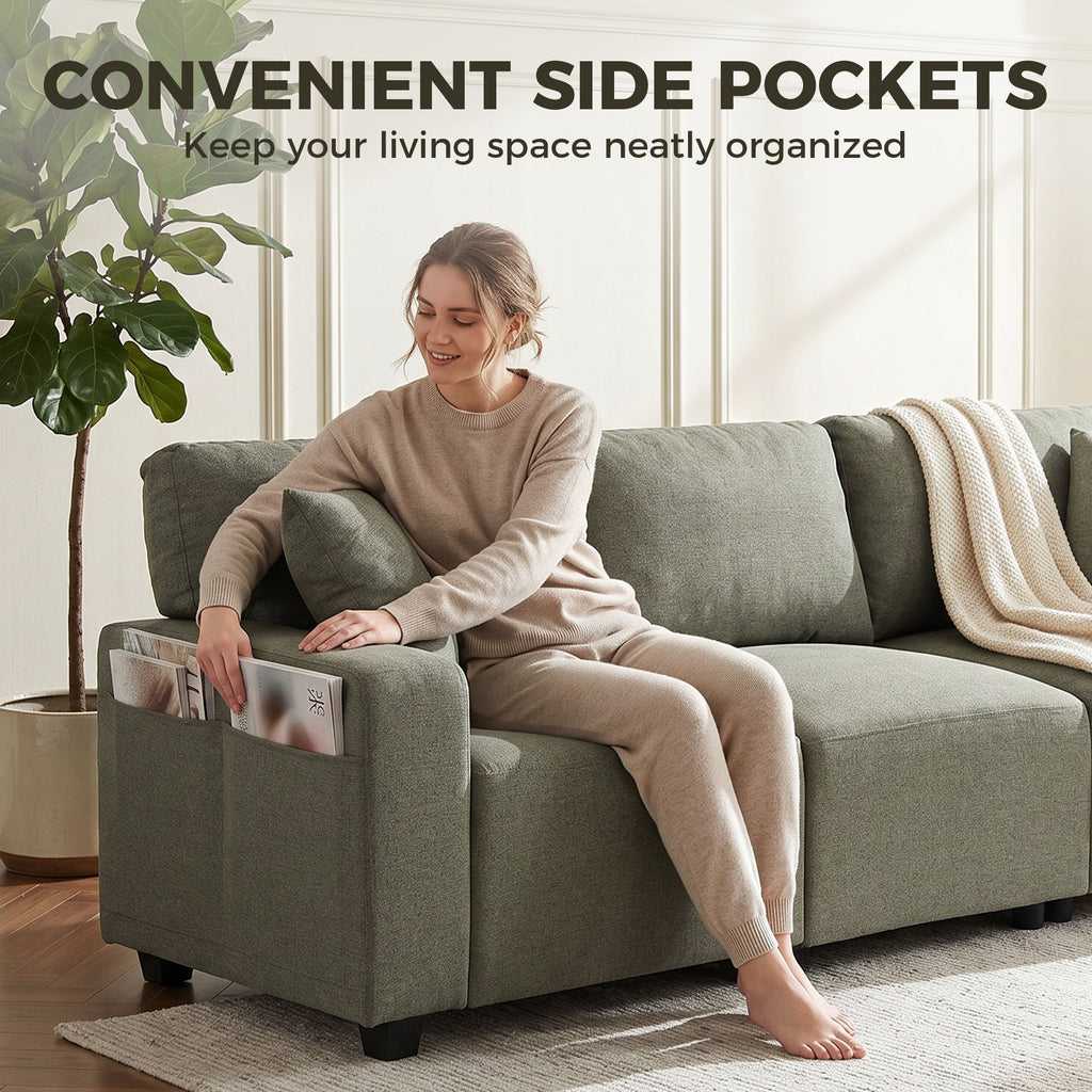 3 Seater Sofa with Storage Pockets, Modern Upholstered Couch with Pocket Springs, Green