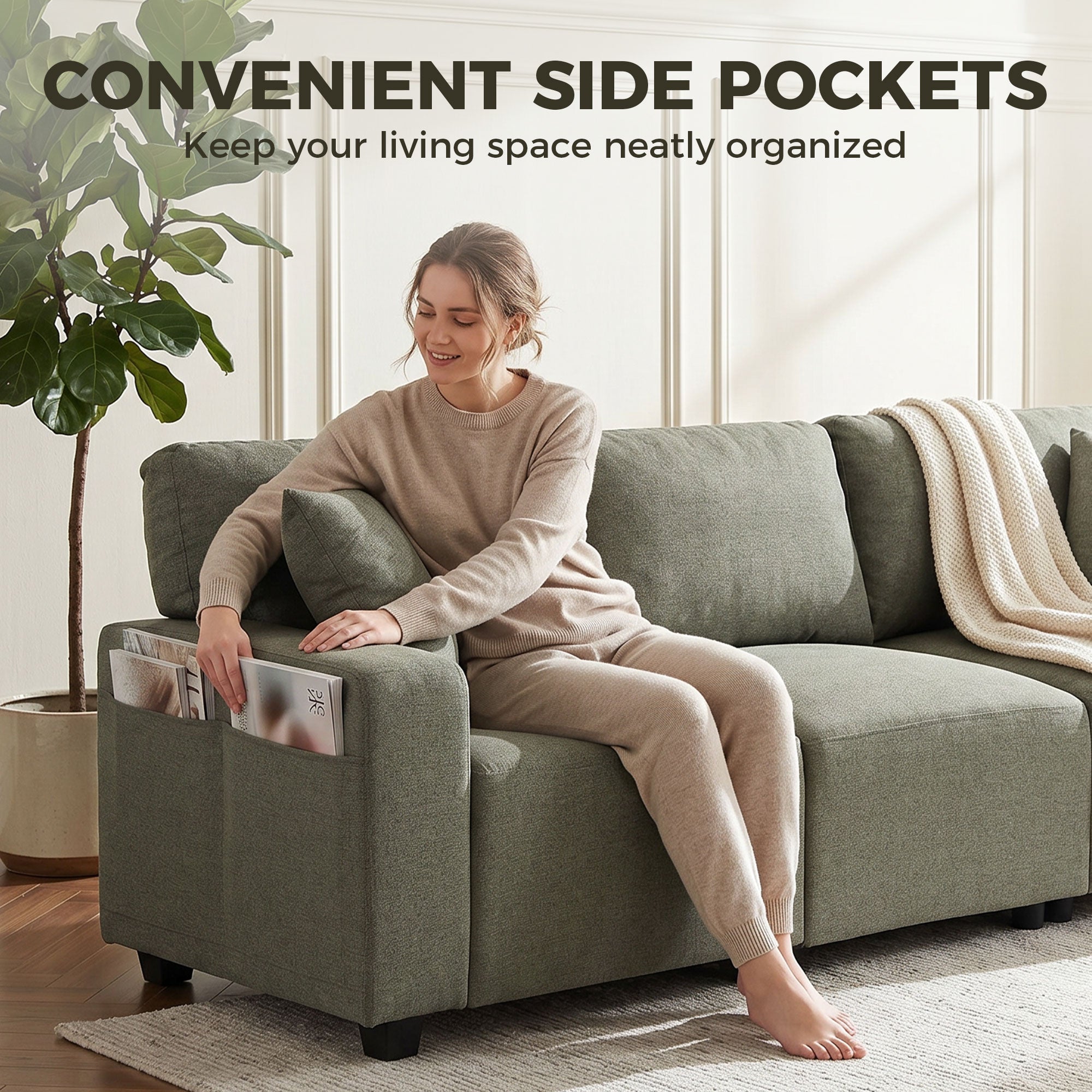 3 Seater Sofa with Storage Pockets, Modern Upholstered Couch with Pocket Springs, Green