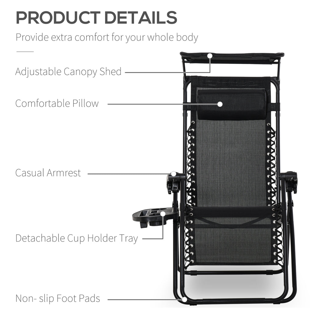 Outdoor Zero Gravity Reclining Lounger Chair with Canopy Shade, Side Tray, Cupholder, Black
