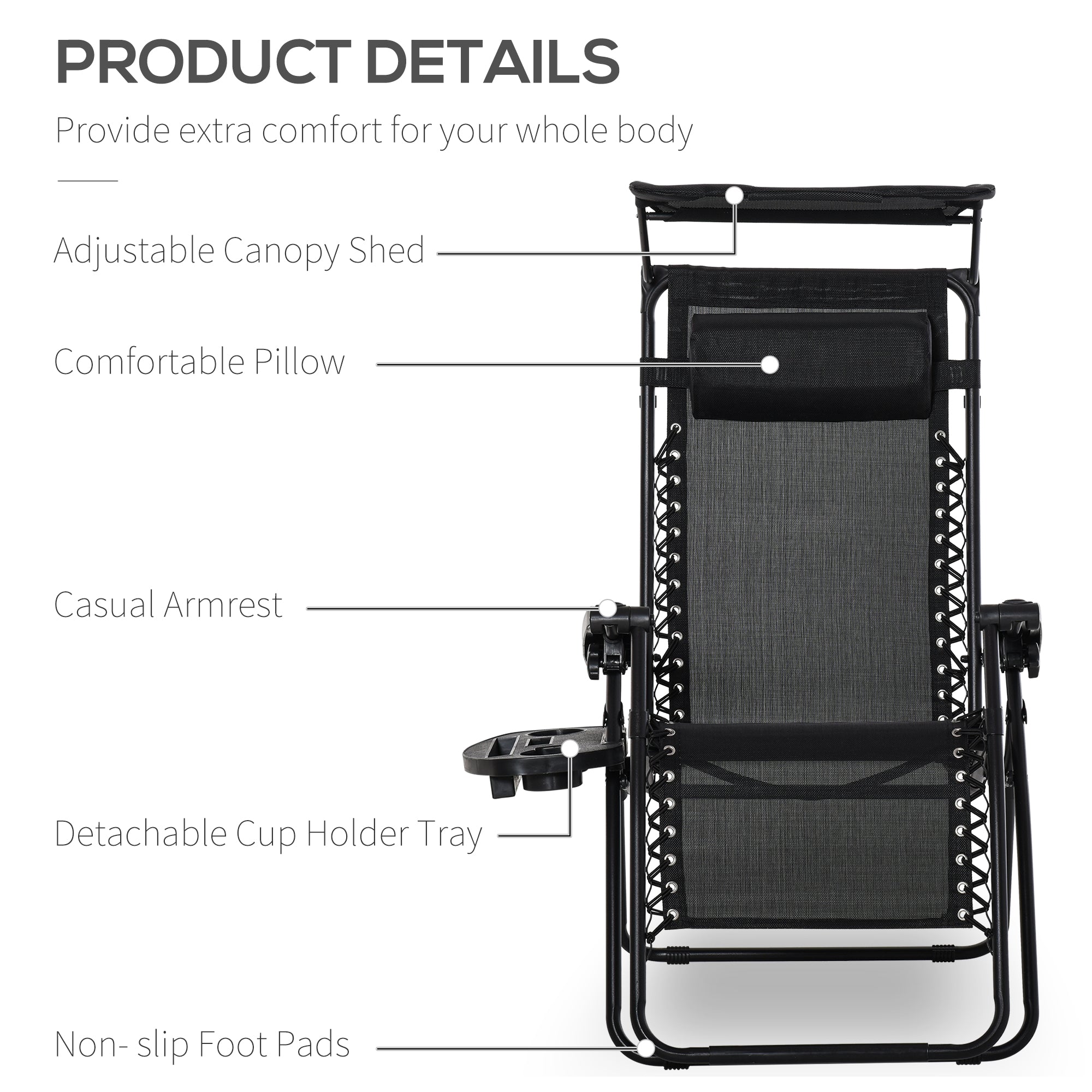 Outdoor Zero Gravity Reclining Lounger Chair with Canopy Shade, Side Tray, Cupholder, Black