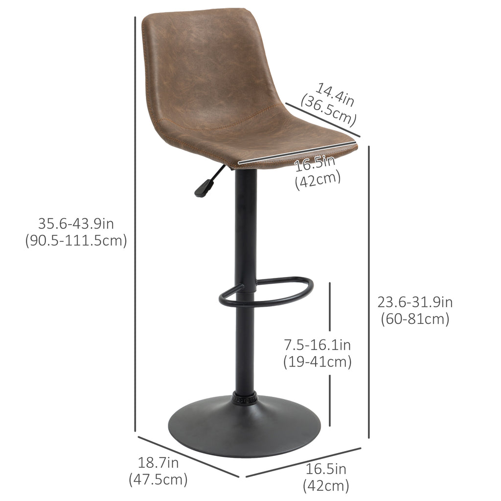 Adjustable Counter Height Bar Stools Set of 2, 360Â° Swivel Kitchen Counter Stools Dining Chairs with Backs, Vintage Leather, Brown