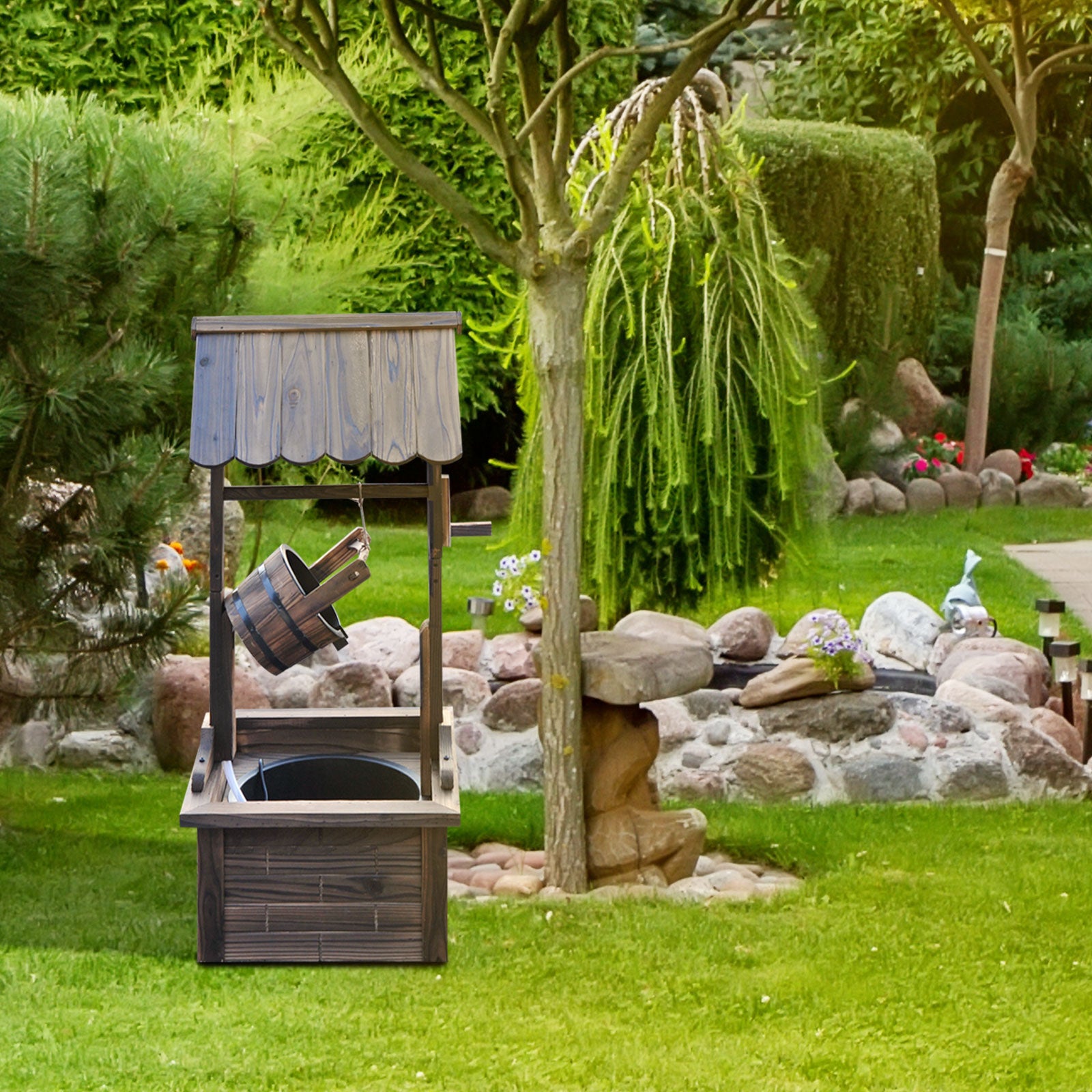 Wooden Well Wishing Fountain Outdoor with Electric Pump Water Bucket for Patio Garden Carbonized