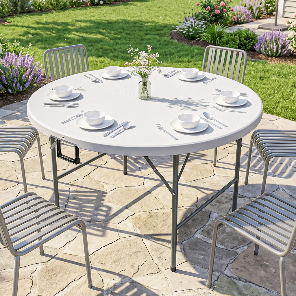Î¦48" Folding Patio Table, Outdoor HDPE Picnic Table, Card Table for 6, Round Folding Banquet with Metal Frame, White
