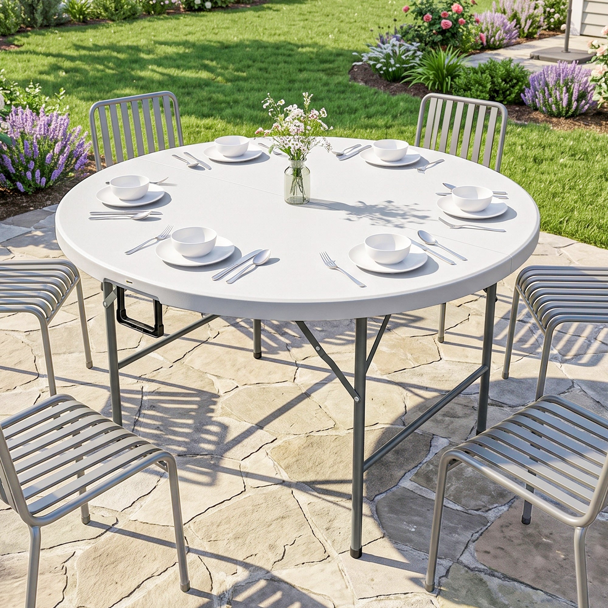 Î¦48" Folding Patio Table, Outdoor HDPE Picnic Table, Card Table for 6, Round Folding Banquet with Metal Frame, White