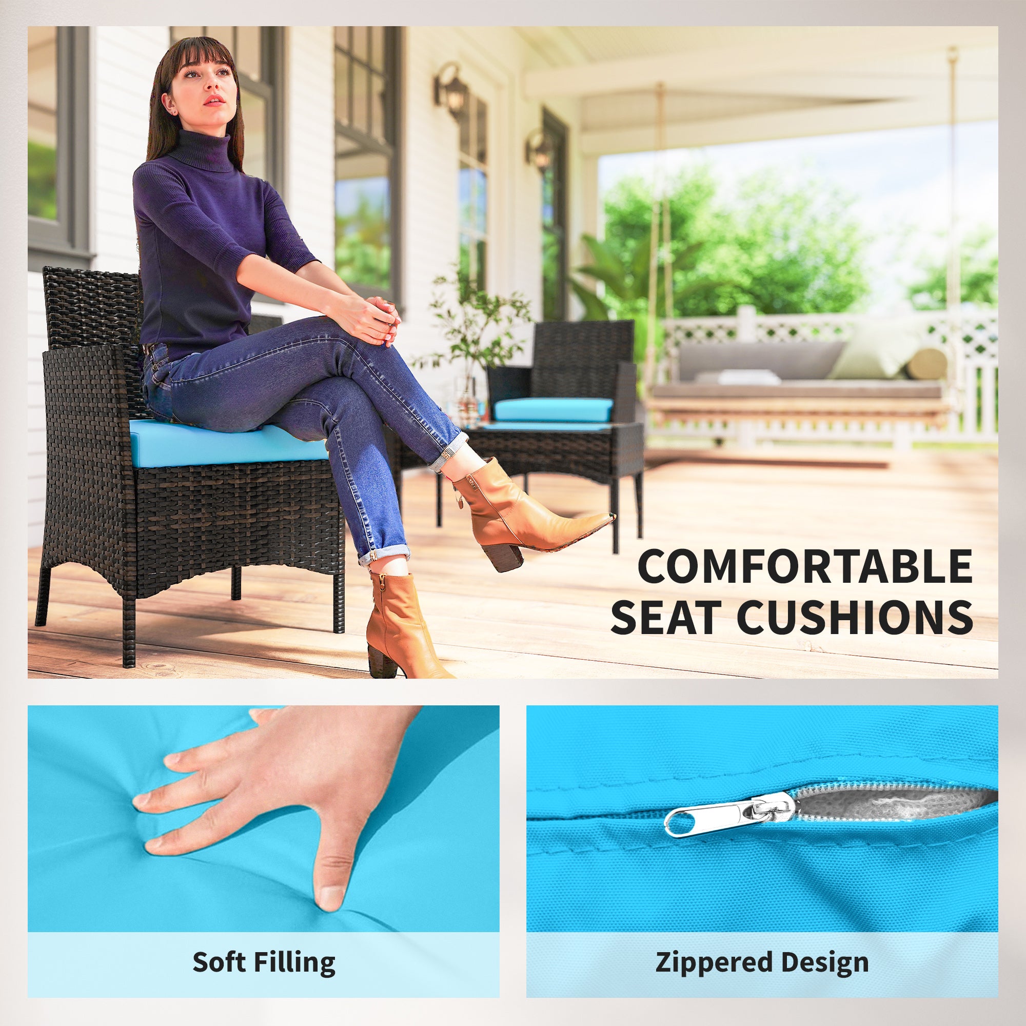 4 Pieces Wicker Outdoor Balcony Furniture Set Rattan Patio Furniture Set with Loveseat Chairs Glass Coffee Table Turquoise