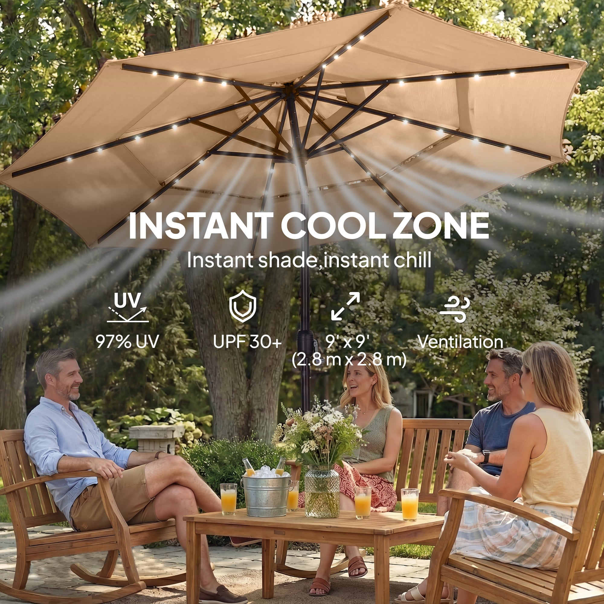 9.3 ft Patio Umbrella with Solar LED Lights, Cover, 3 Tier Outdoor Market Table Parasol with Tilt, Crank, Khaki