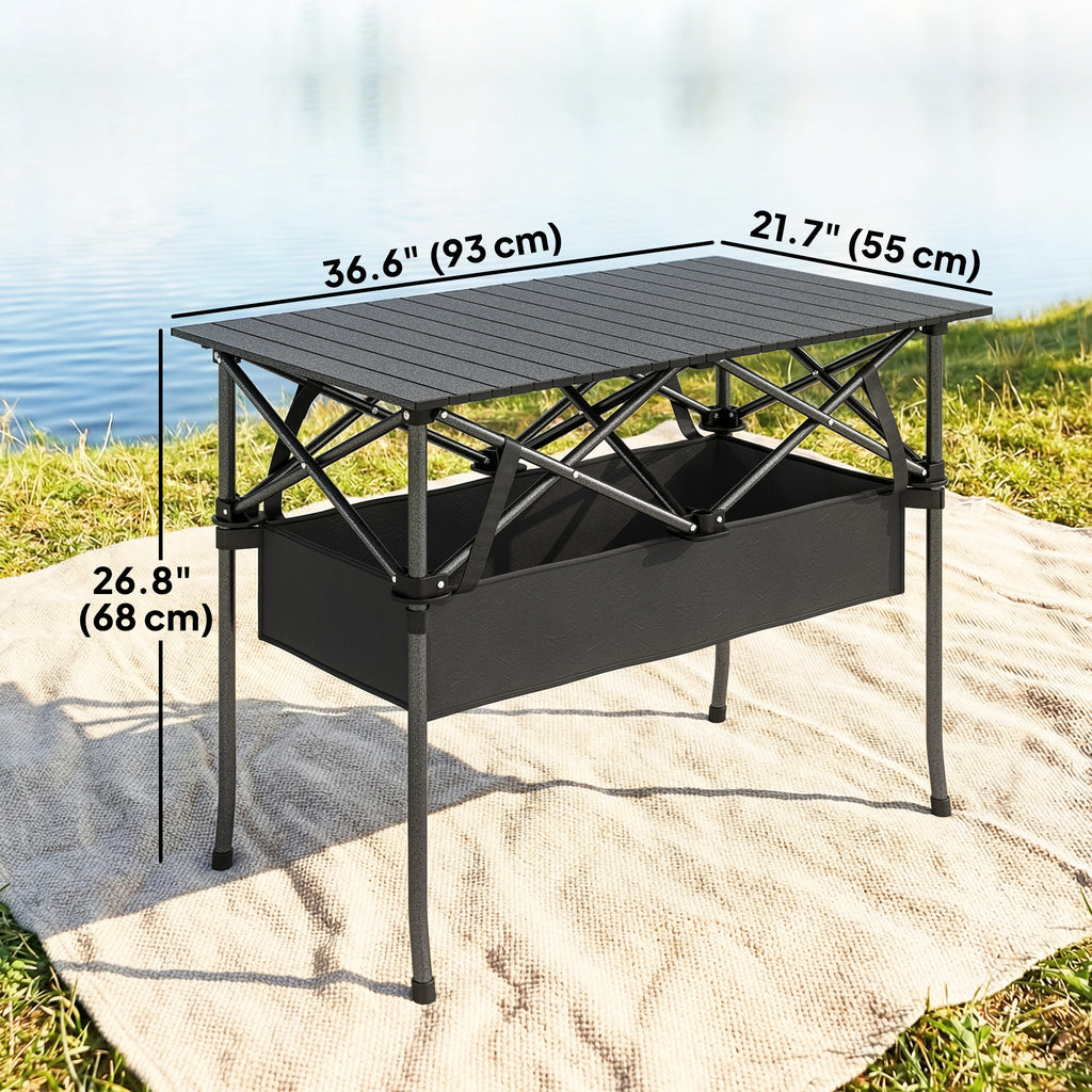 3ft Folding Camping Table, Picnic Table with Mesh Storage Net, Carrying Bag and Metal Frame, Black