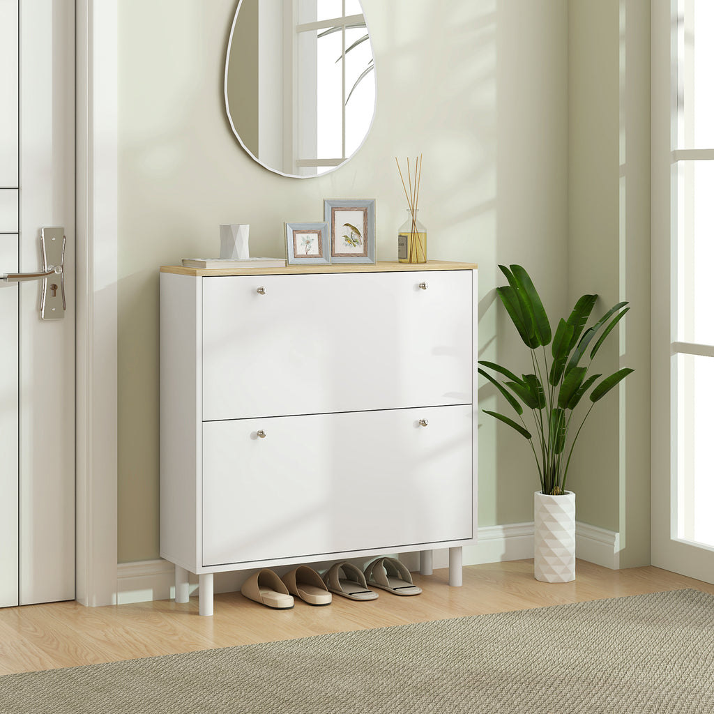 2 Drawers Shoe Storage Cabinet with Adjustable Shelves for 16 Pairs of Shoes, White