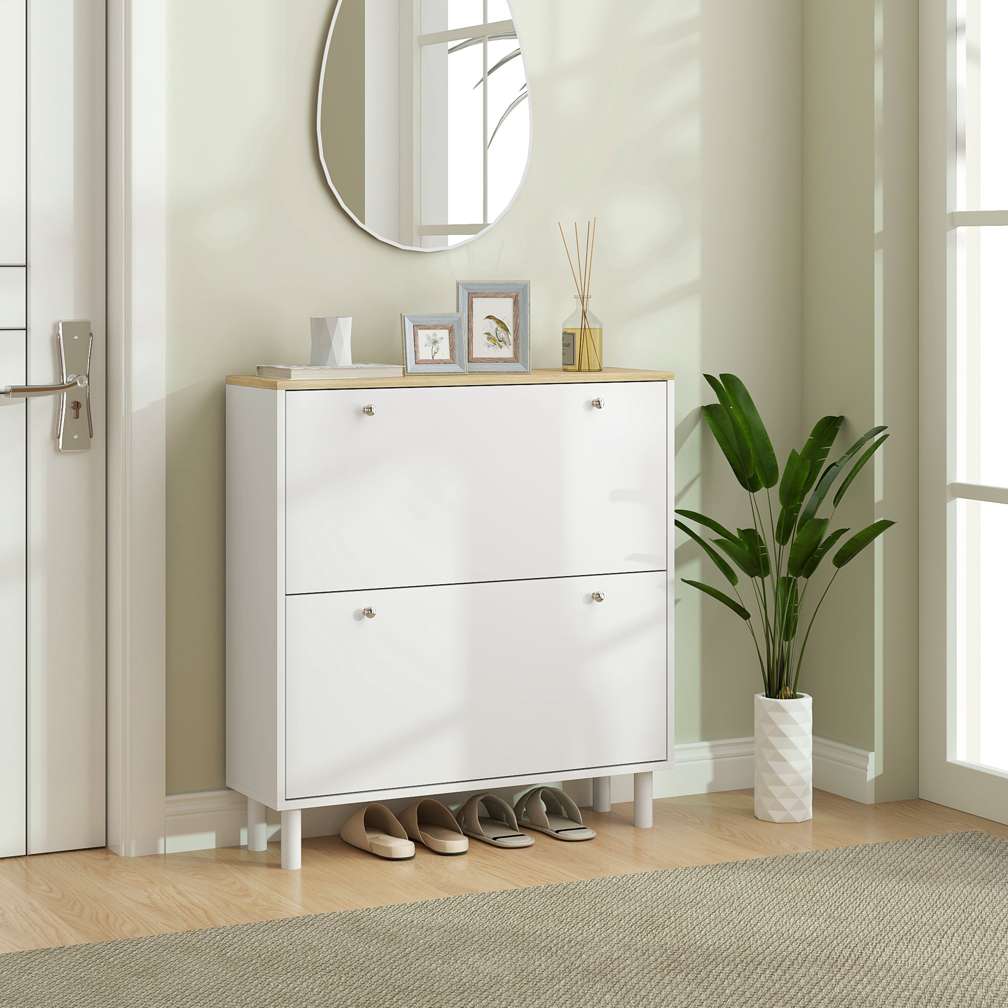 2 Drawers Shoe Storage Cabinet with Adjustable Shelves for 16 Pairs of Shoes, White