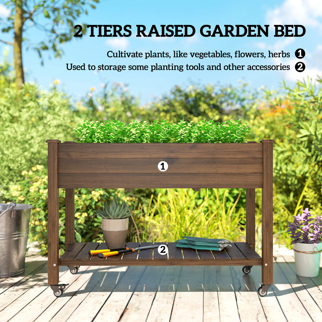 Mobile Raised Garden Bed Elevated Wood Planter Box with Lockable Wheels, Storage Shelf for Herbs Vegetables, Carbonized