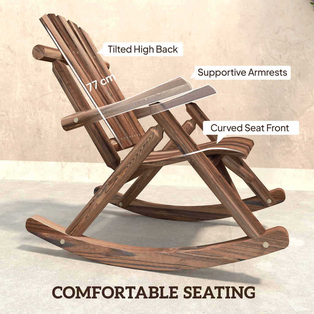 Wooden Outdoor Rocking Chair, Oversized Adirondack Patio Rocker with High Back and Slatted Seat, Carbonized