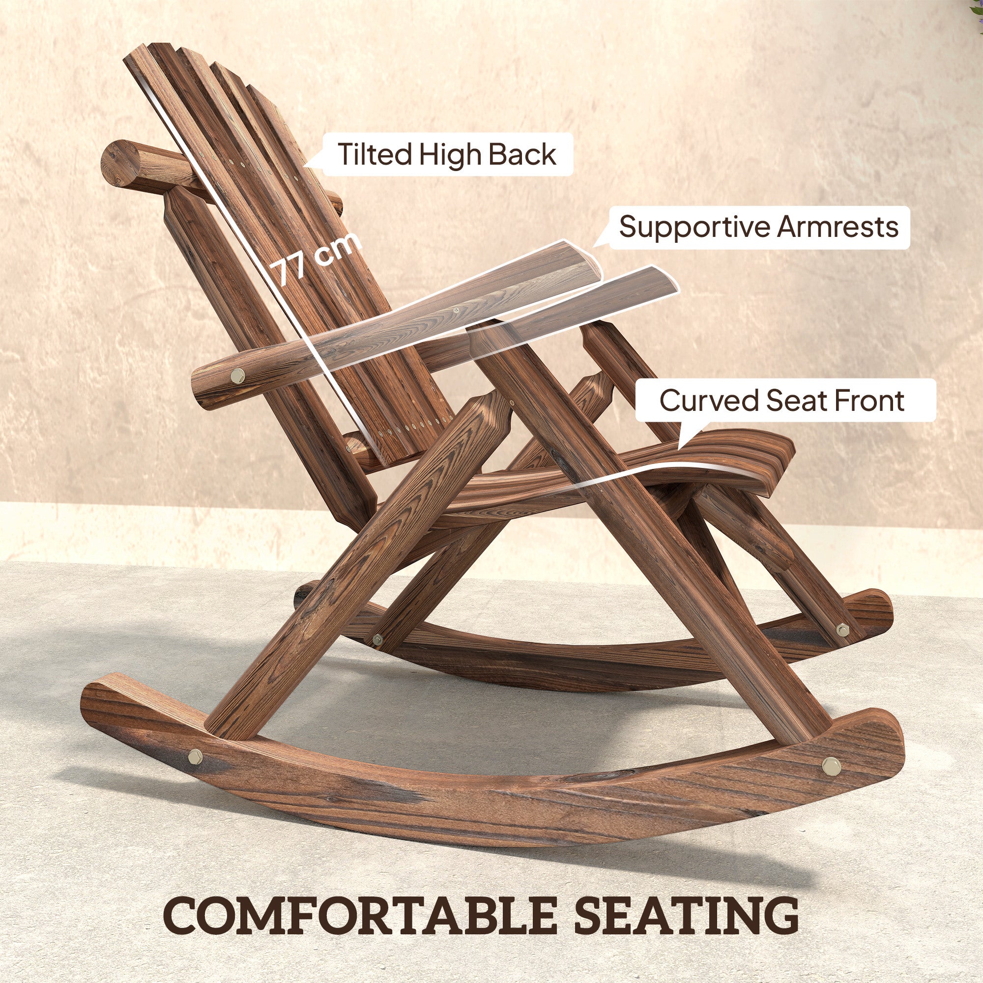 Wooden Outdoor Rocking Chair, Oversized Adirondack Patio Rocker with High Back and Slatted Seat, Carbonized