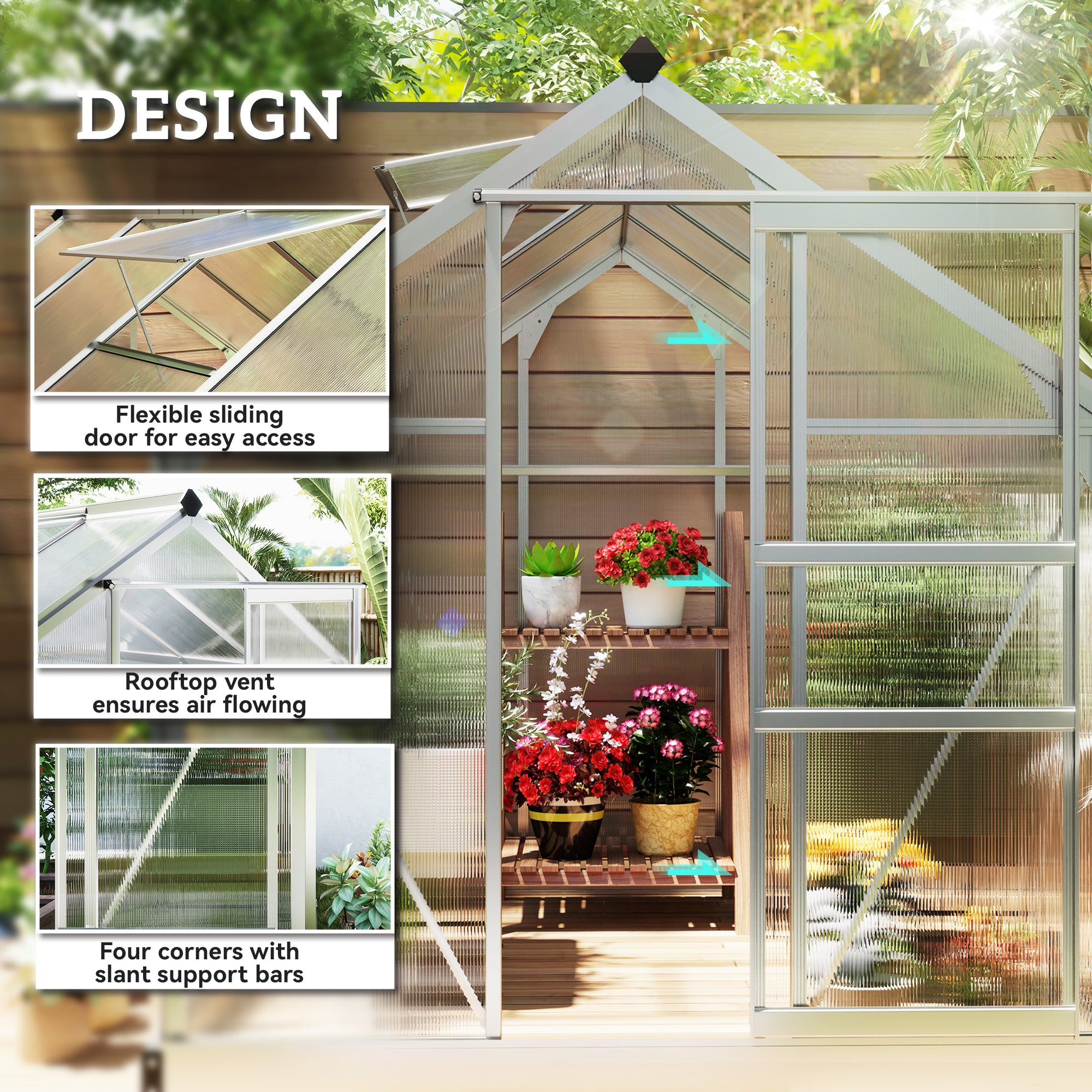 6' x 8' x 6.6' Polycarbonate Greenhouse, Walk-In Green House Kit Garden, Plants Grow, Galvanized Sheet Aluminum Frame with Rain Gutter, Vent and Sliding Door, Silver