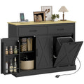 7 Gallon Tilt Out Garbage Cabinet, Kitchen Island with Charging Station, 2 Drawers, 4 Door Racks, Black