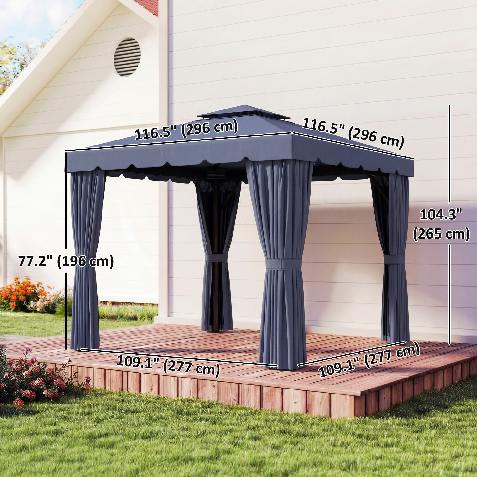 10' x 10' Outdoor Patio Gazebo Double Soft-top Garden Shelter Tent with Curtains, Mesh Screen Drapes, Dark Blue