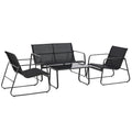 4 Piece Patio Furniture Set, Outdoor Conversation Set with Loveseat Sofa, Armchairs, Glass Top Coffee Table, Black