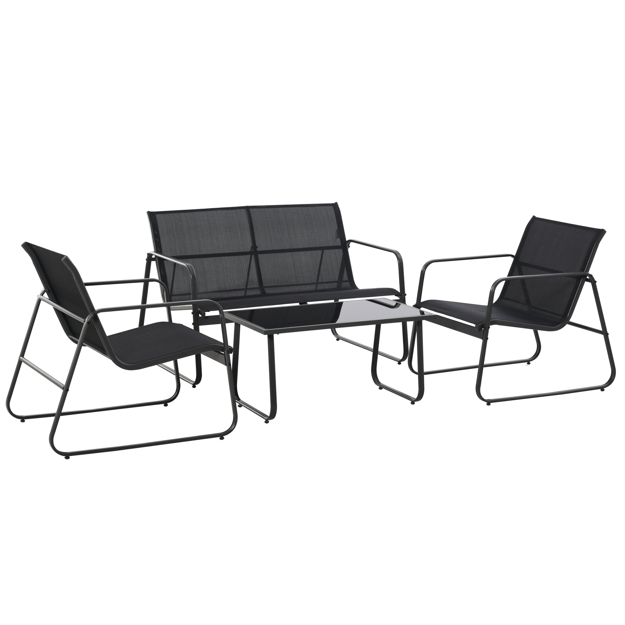 4 Piece Patio Furniture Set, Outdoor Conversation Set with Loveseat Sofa, Armchairs, Glass Top Coffee Table, Black