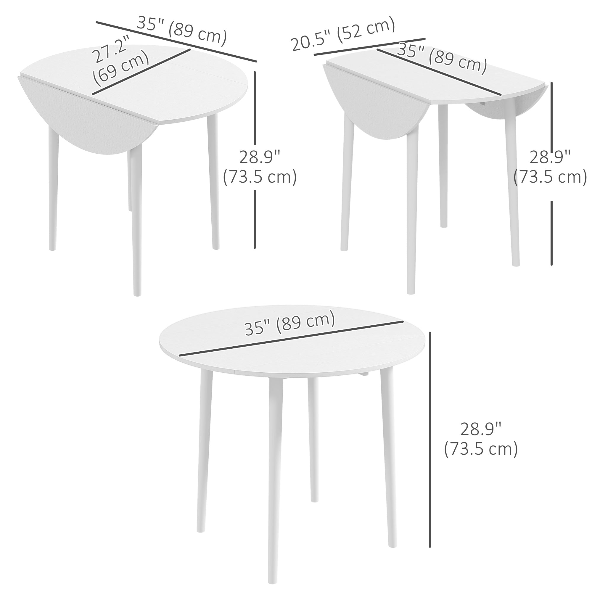 Folding Dining Table, Round Drop Leaf Kitchen Table for Small Spaces with Wood Legs, Distressed White