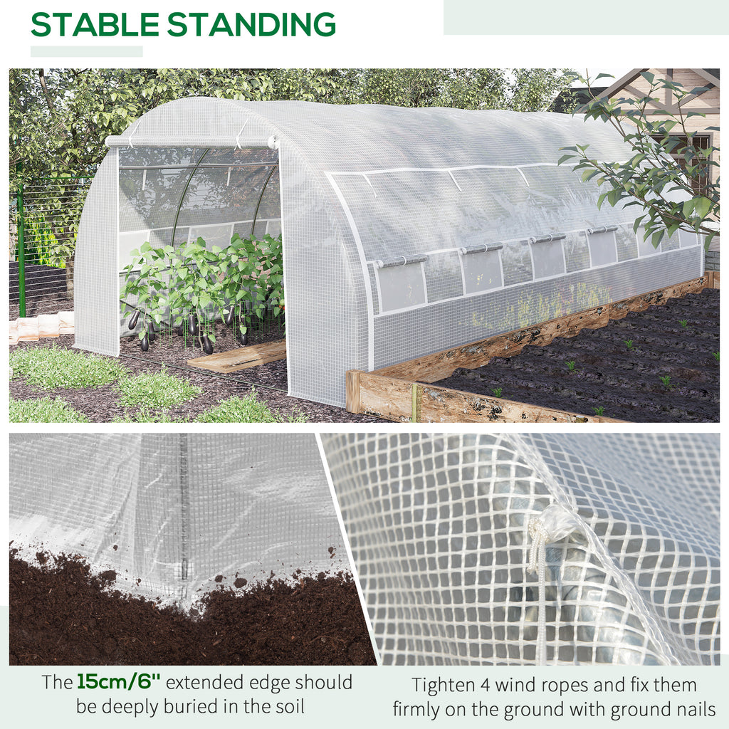20'x10'x6.6' Tunnel Greenhouse with UV-Resistant Cover, Zippered Door and 12 Roll-up Windows, Outdoor Green House for Garden Plant, White