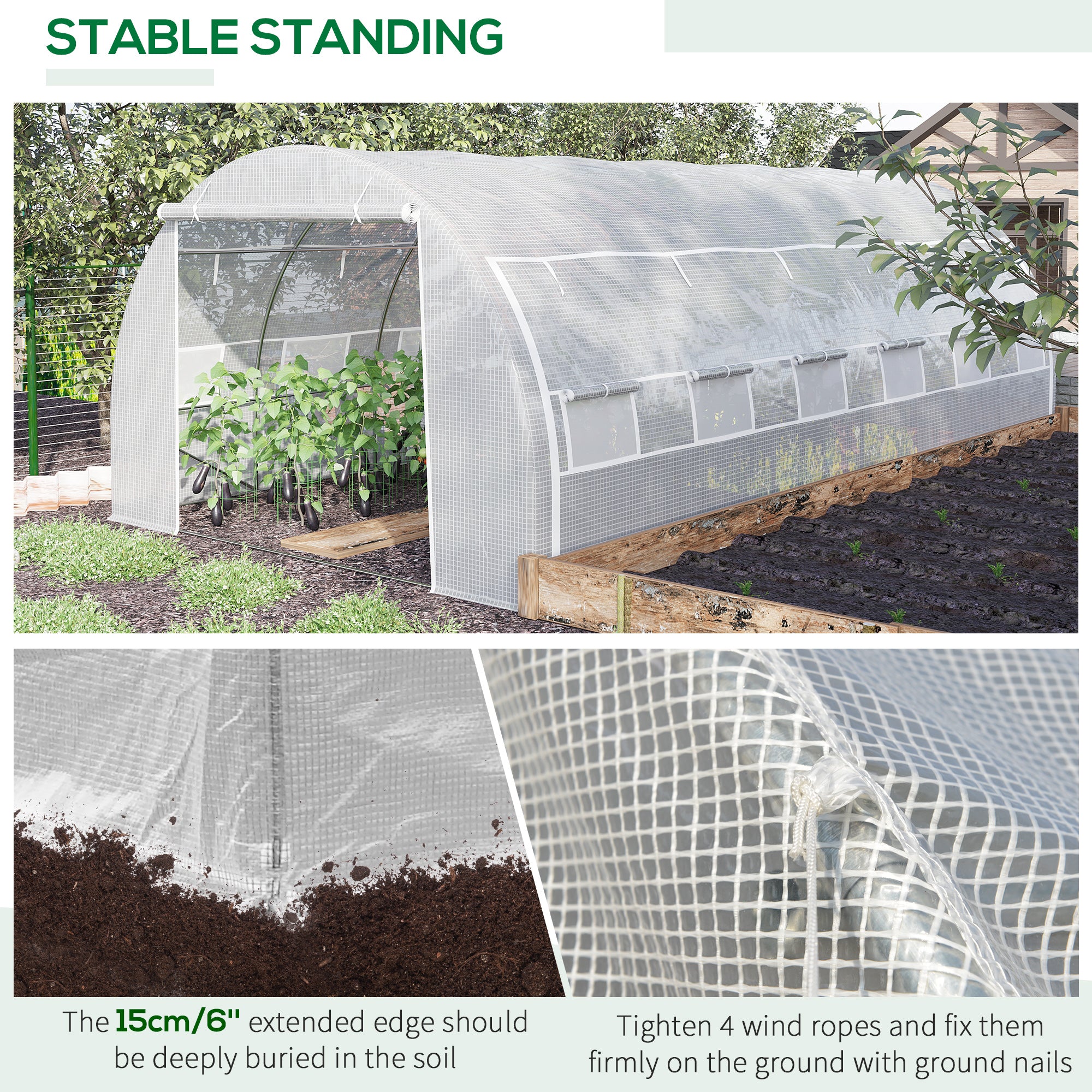 20'x10'x6.6' Tunnel Greenhouse with UV-Resistant Cover, Zippered Door and 12 Roll-up Windows, Outdoor Green House for Garden Plant, White