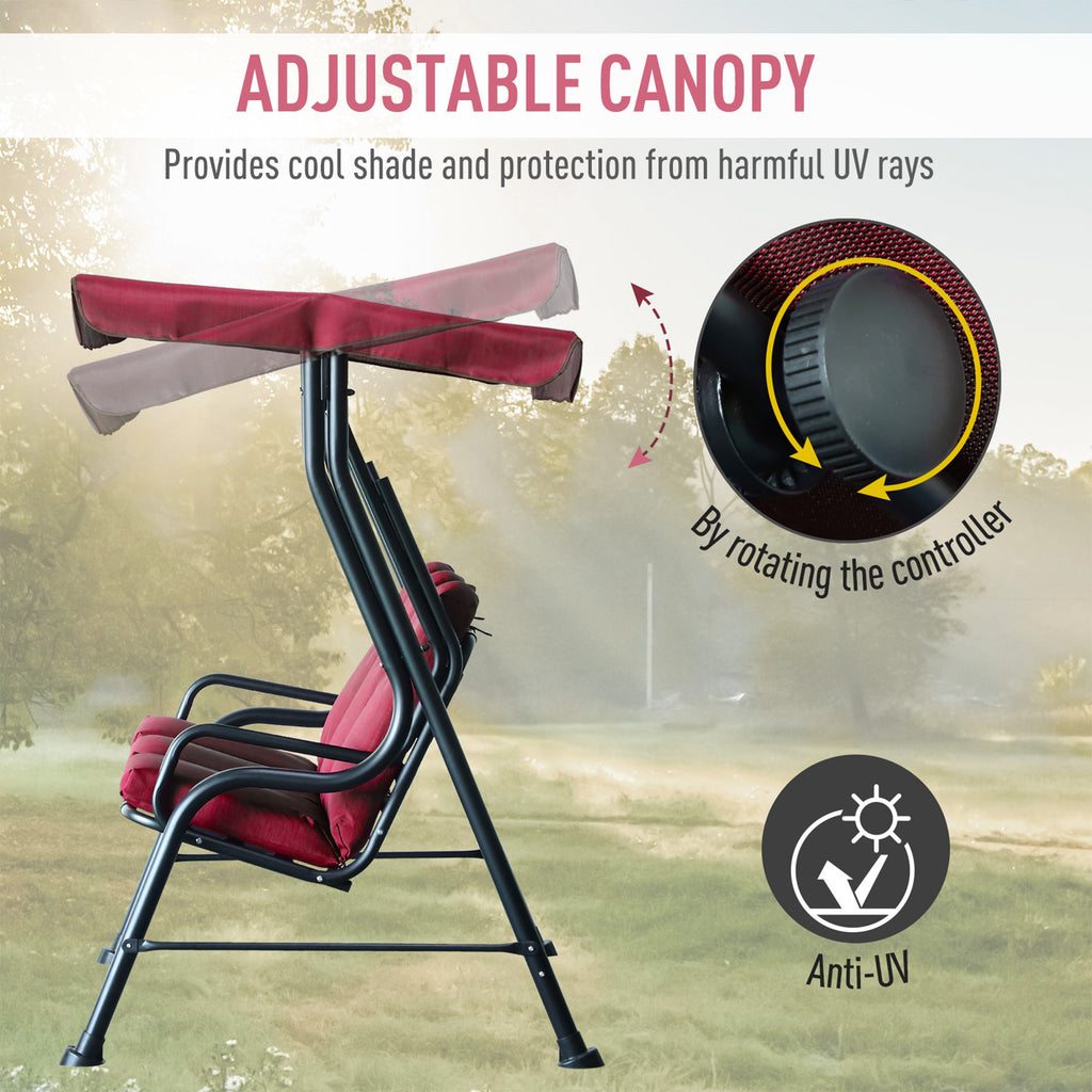 3-Person Porch Swing Chair, Patio Swing Bench with Adjustable Canopy, Removable Thicken Cushion and Weather Resistant Steel Frame for Outdoor, Garden, Poolside, Wine Red