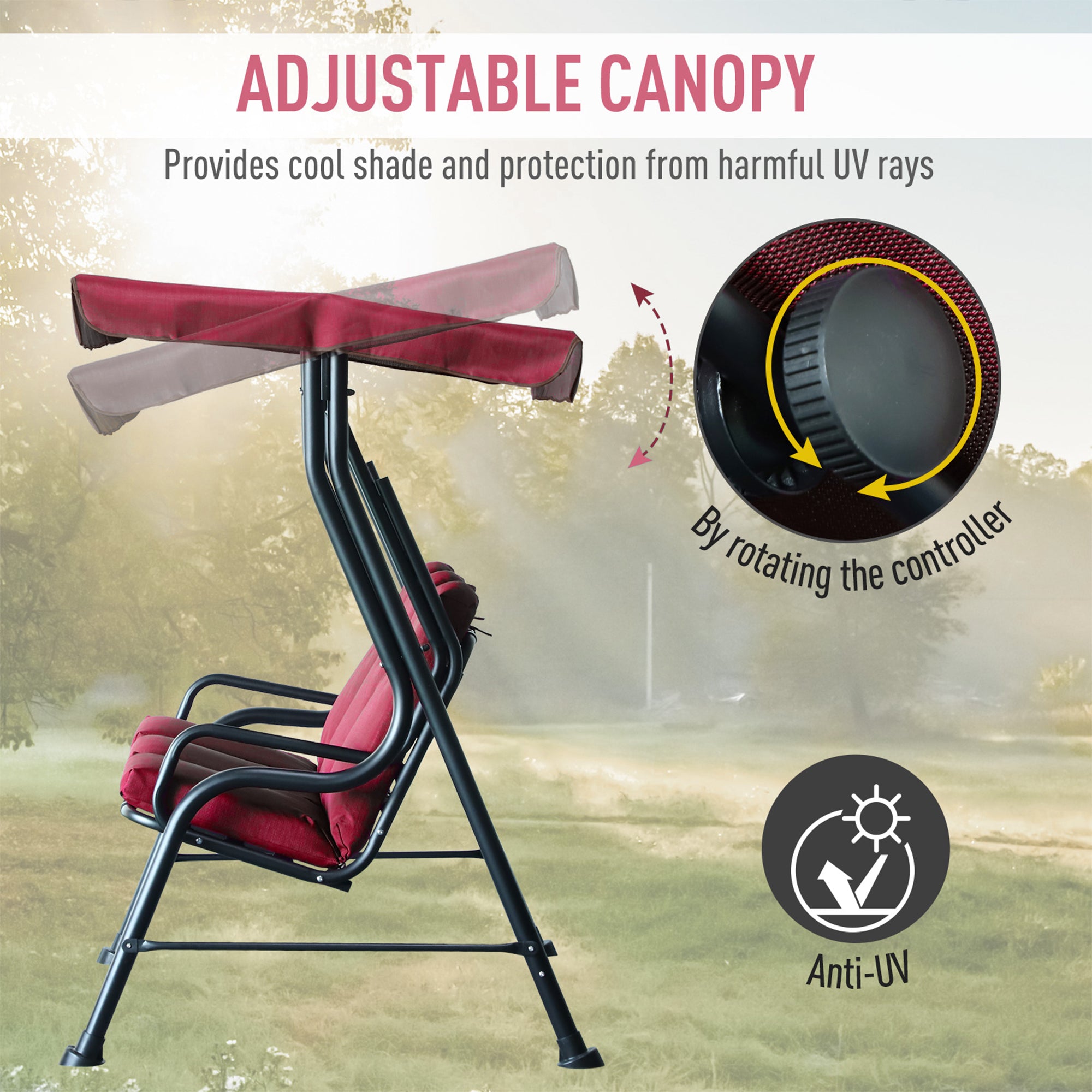 3-Person Porch Swing Chair, Patio Swing Bench with Adjustable Canopy, Removable Thicken Cushion and Weather Resistant Steel Frame for Outdoor, Garden, Poolside, Wine Red