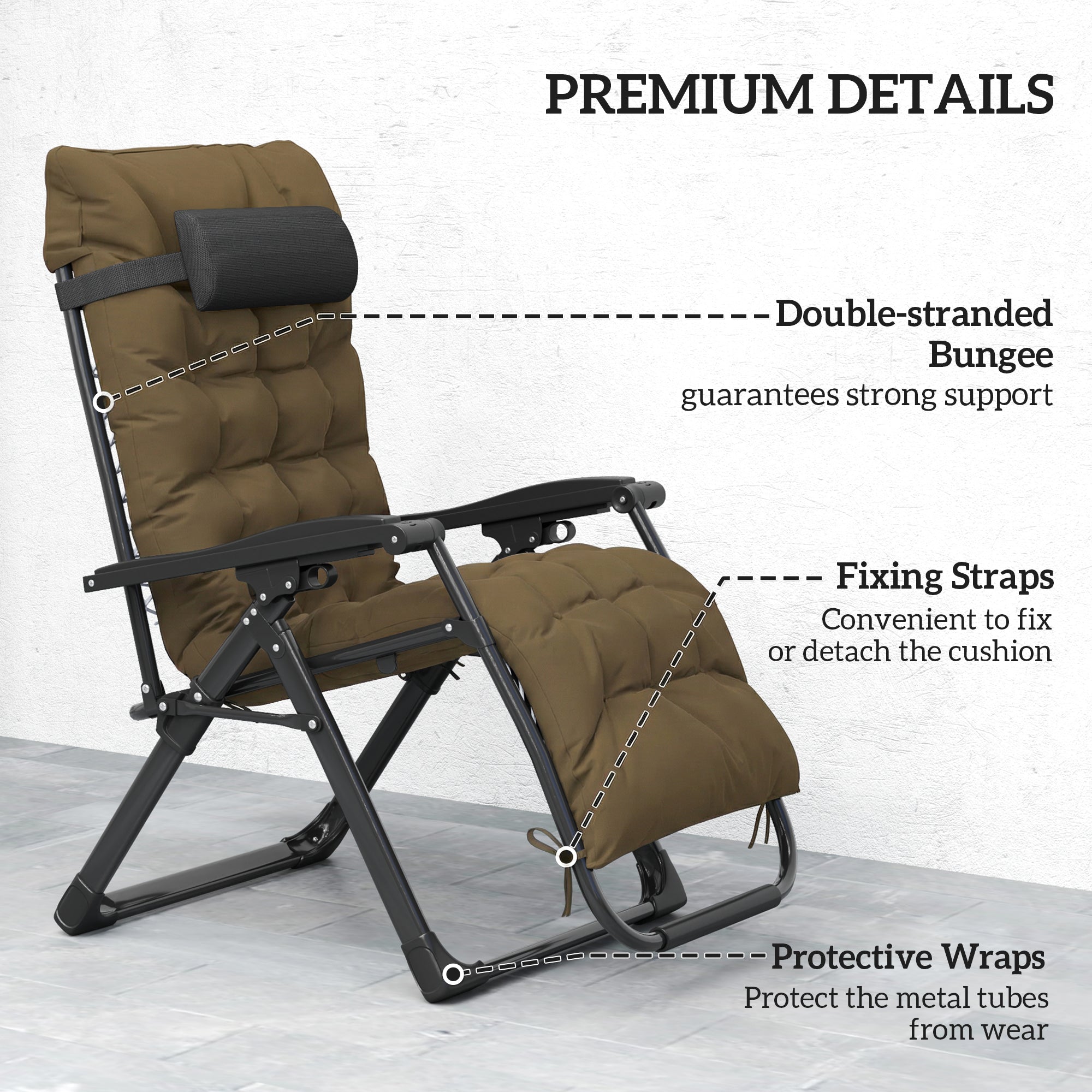 Folding Garden Chair, Reclining Zero Gravity Chair, Sun Lounger with Cushion and Headrest, Khaki