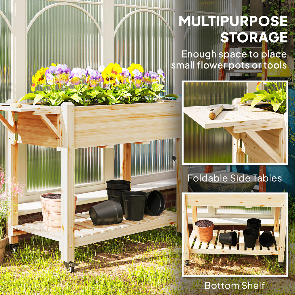 Raised Garden Bed, Wood Planter Box with Lockable Wheels, Side Tables, Bottom Shelf, Bed Liner, Drain Holes, Natural