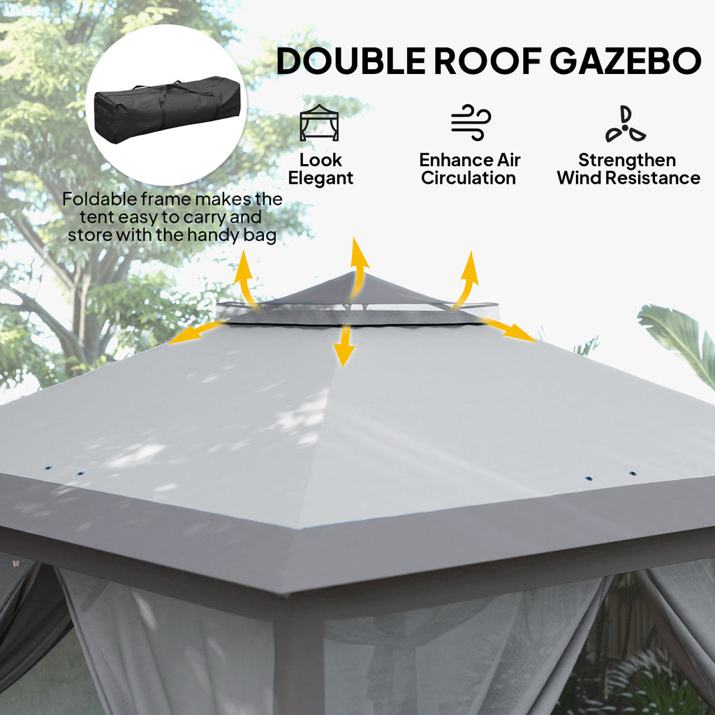 11' x 11' Pop Up Gazebo, Double Roof Foldable Height Adjustable Canopy Tent with Mesh Sidewalls, Carrying Bag, Grey