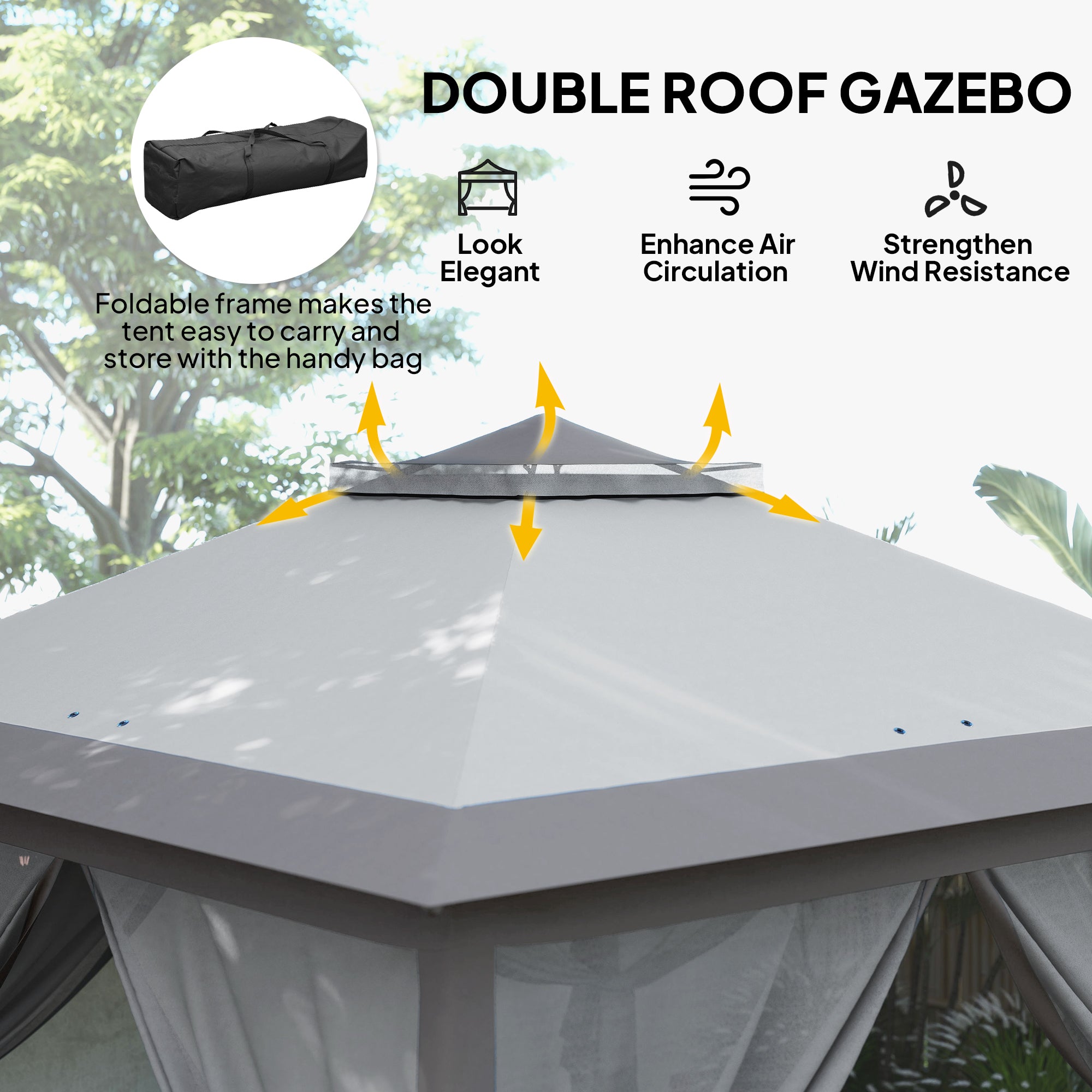 11' x 11' Pop Up Gazebo, Double Roof Foldable Height Adjustable Canopy Tent with Mesh Sidewalls, Carrying Bag, Grey