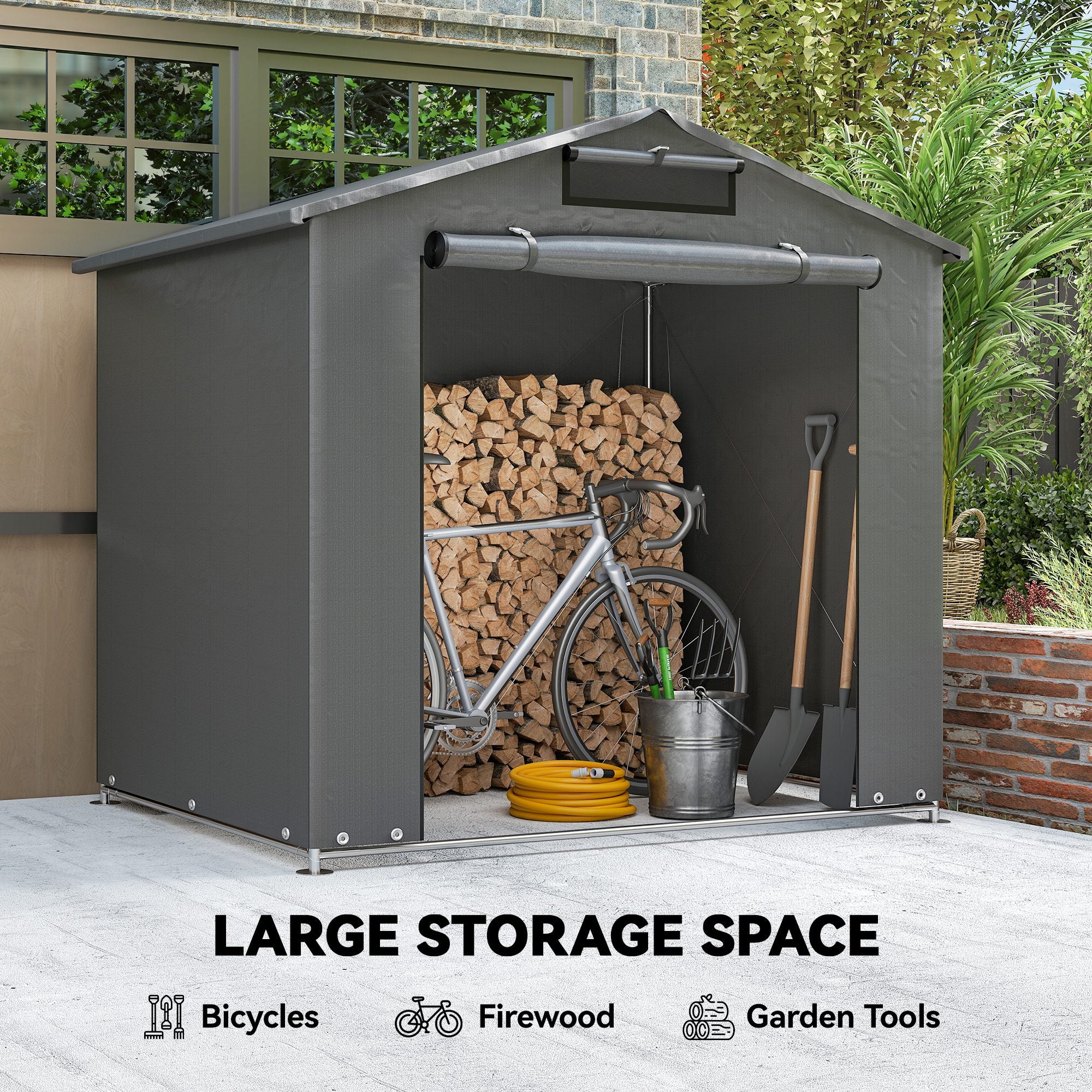 6' x 4' Portable Shed, Waterproof Bike Tent with Roll-up Zipper Door, Vent and Galvanised Metal Frame, Dark Grey