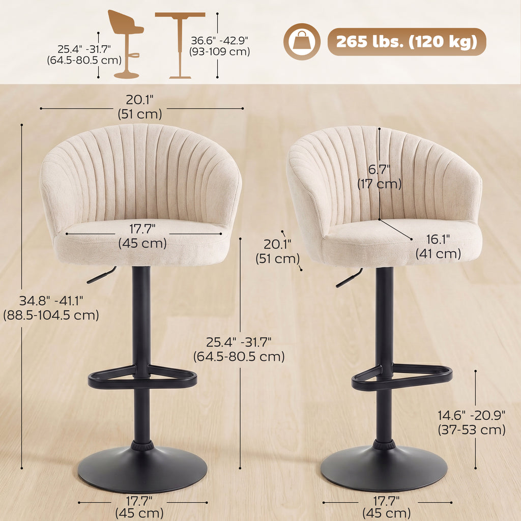 Bar Stools Set of 2, Swivel Counter Height Barstools with Back, Footrest, Adjustable Height, Beige