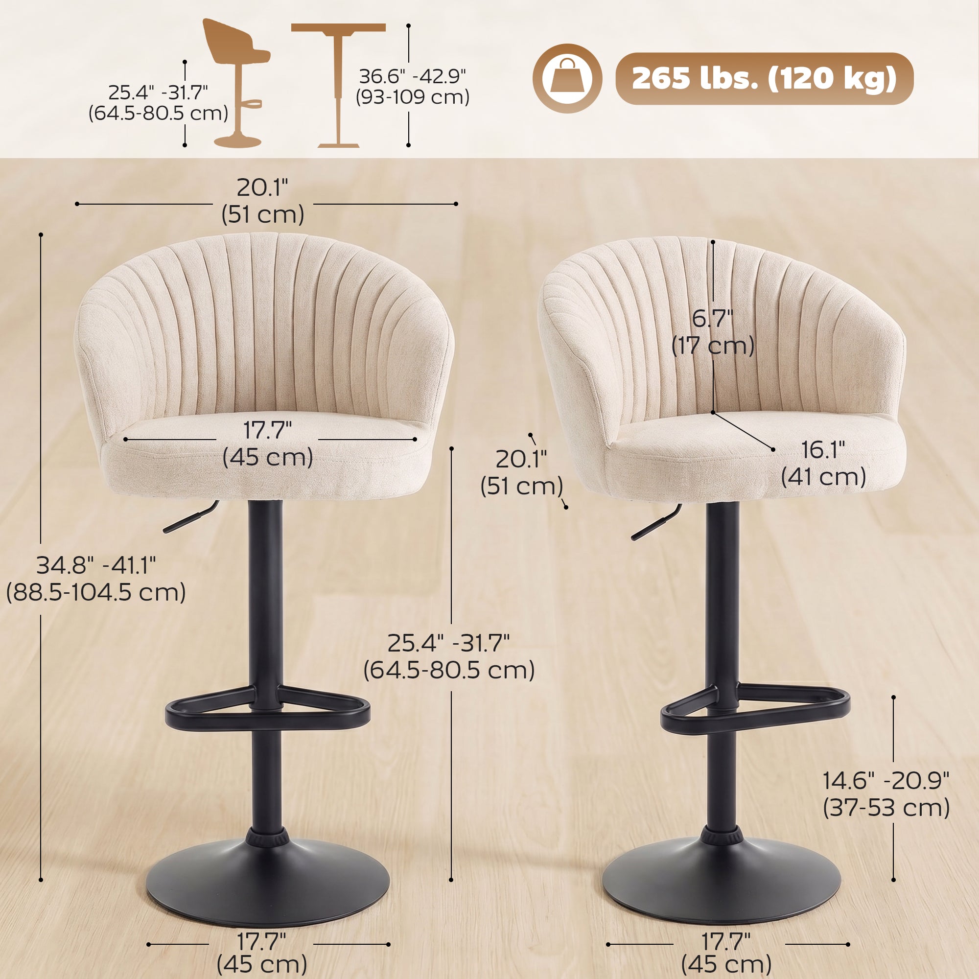 Bar Stools Set of 2, Swivel Counter Height Barstools with Back, Footrest, Adjustable Height, Beige