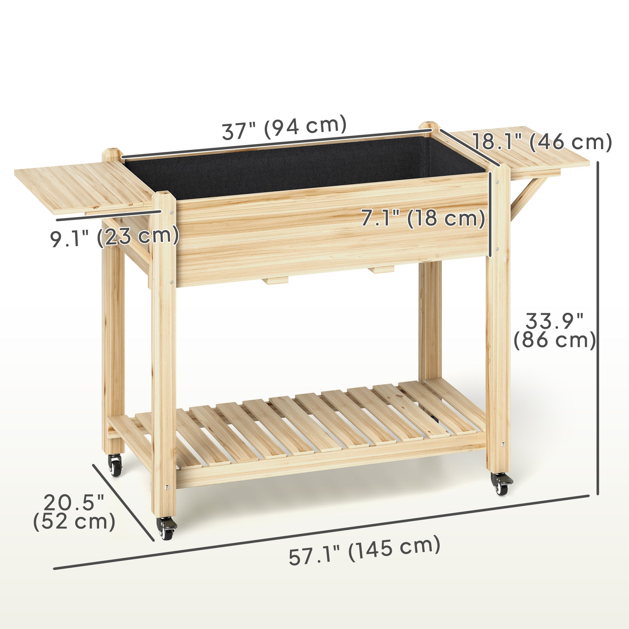 Raised Garden Bed, Wood Planter Box with Lockable Wheels, Side Tables, Bottom Shelf, Bed Liner, Drain Holes, Natural