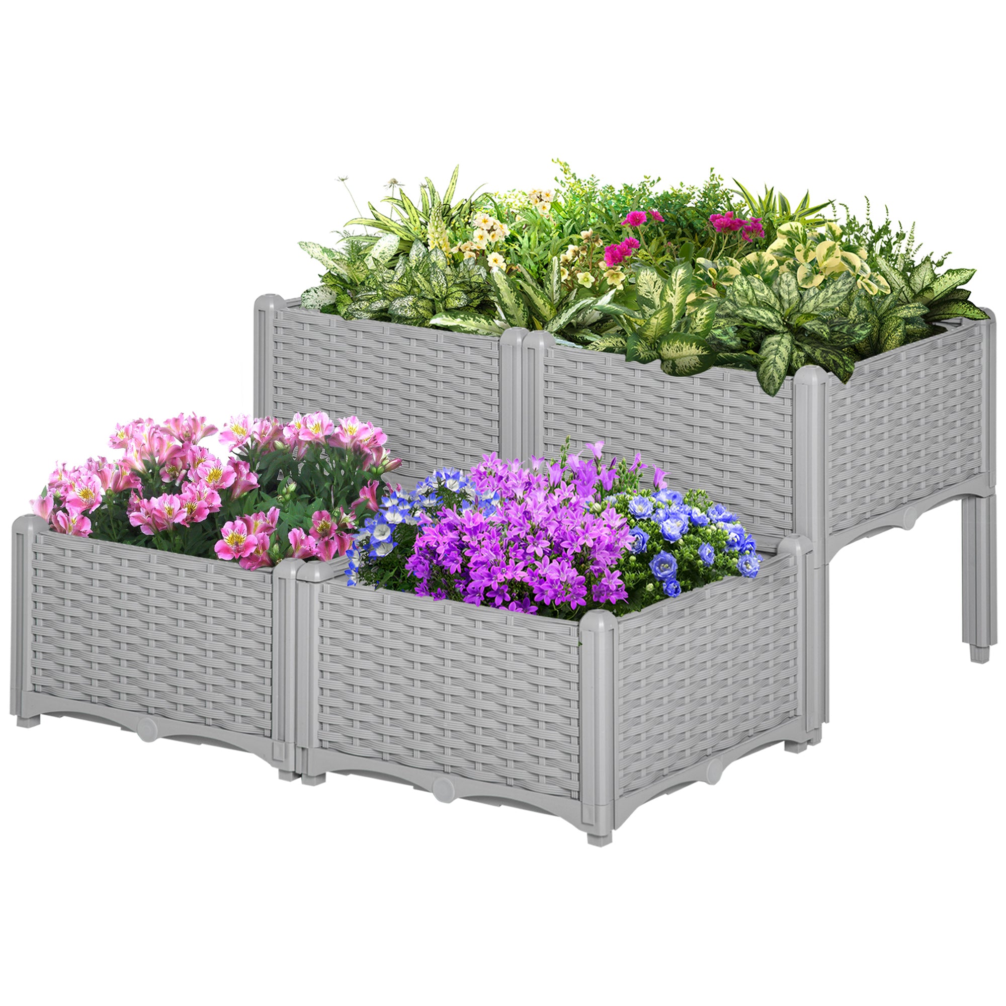 4-piece Raised Garden Bed PP Raised Flower Bed Vegetable Herb Grow Box Stand Grey