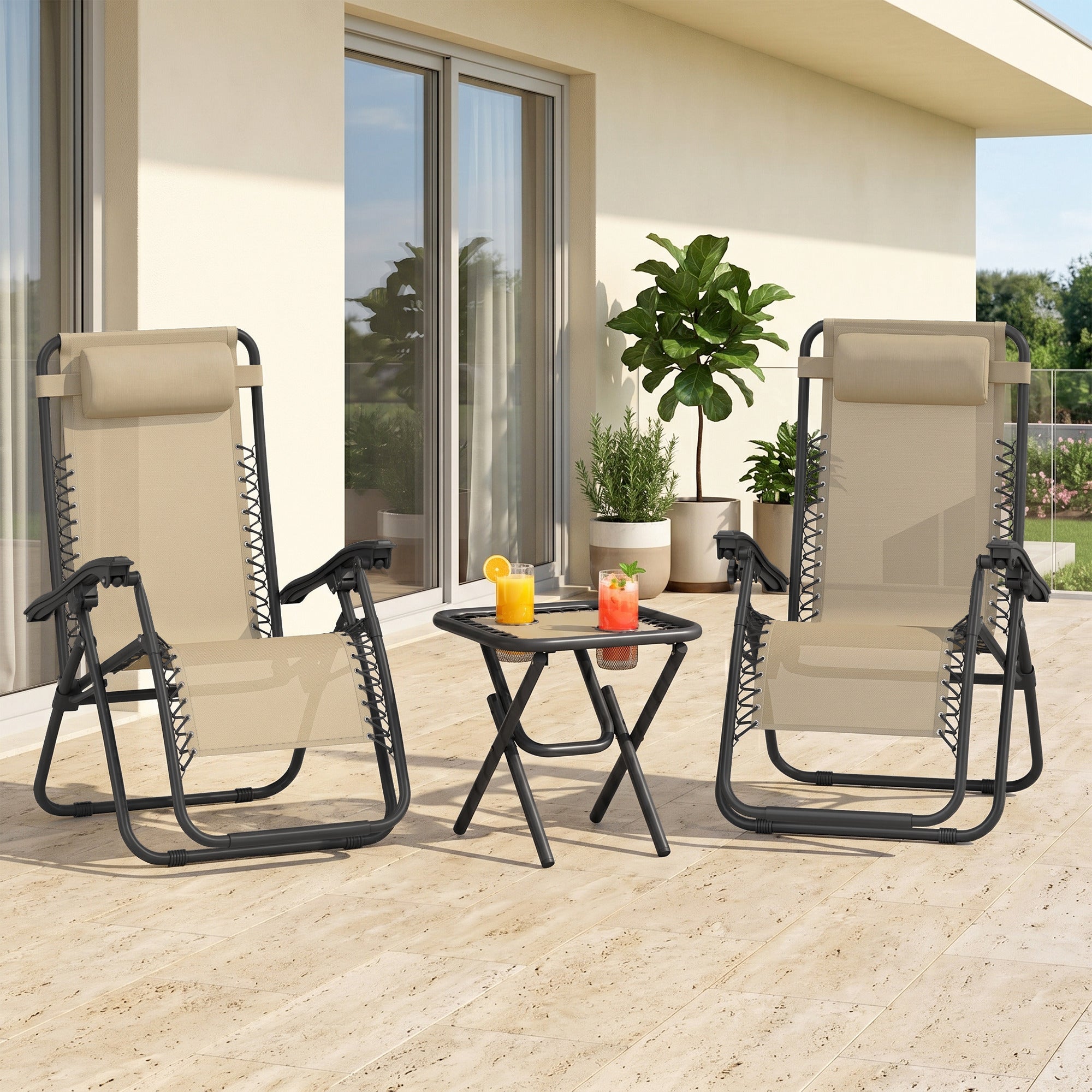 Zero Gravity Chair Set of 2 Patio Chair with Side Table Cupholders and Pillows for Pool, Backyard, Lawn, Beige