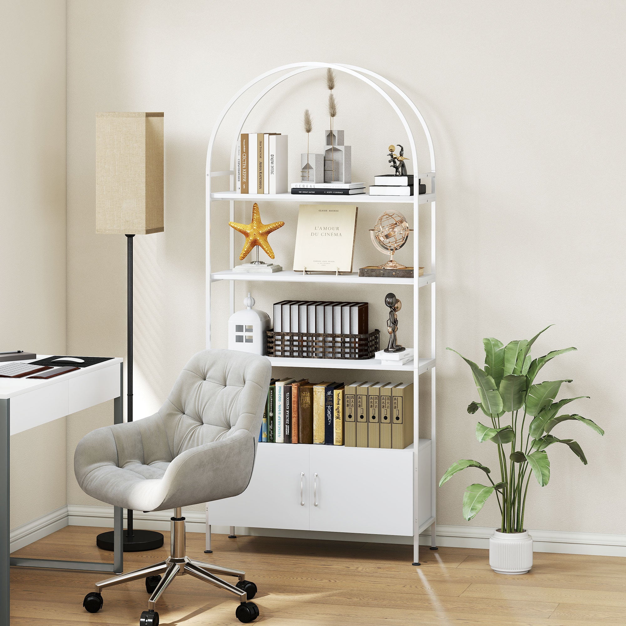 4-Tier Arched Shelving Unit with Cabinet, Bookshelf for Living Room, Office, 31.5" x 11.8" x 73.6", White