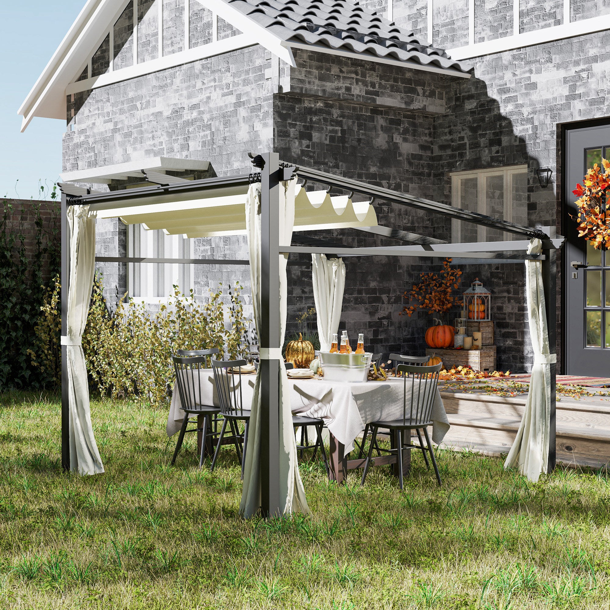 Metal Pergola with Sliding Roof Canopy, Retractable Pergola Canopy, 10' x 10', Beige