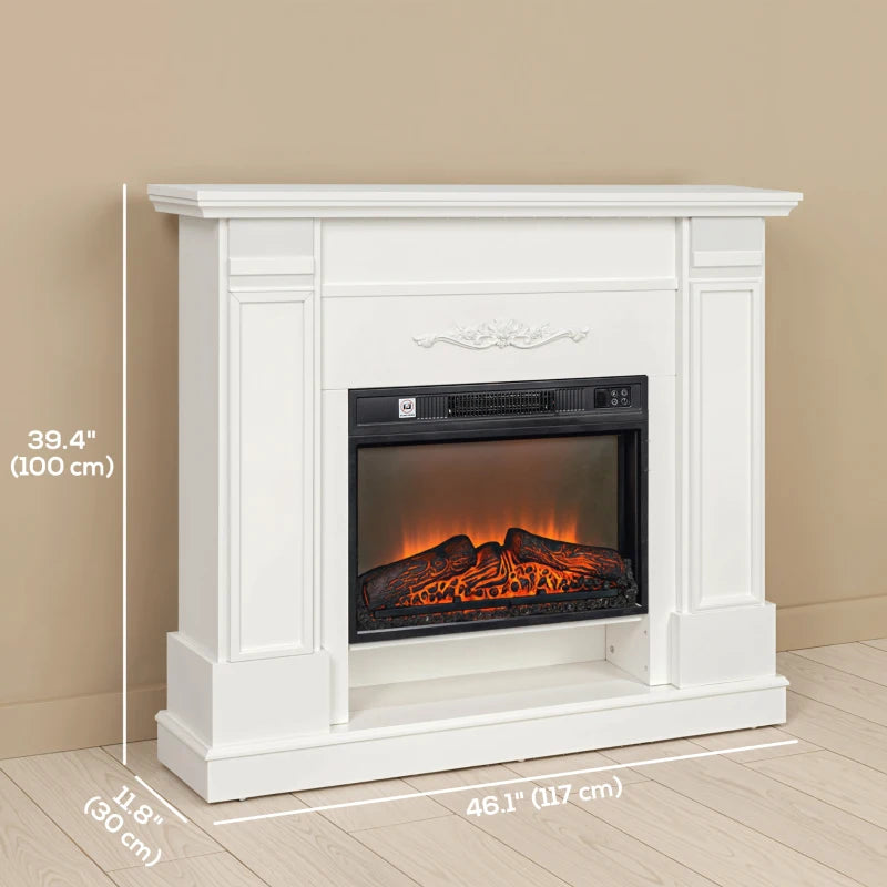 Electric fireplace heater with white mantel, glowing flames and realistic logs