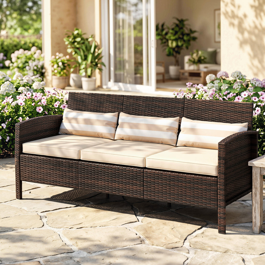 3-Seater Wicker Sofa, PE Rattan Outdoor Couch Conversation Furniture with Removable Cushions for Patio, Garden, Brown